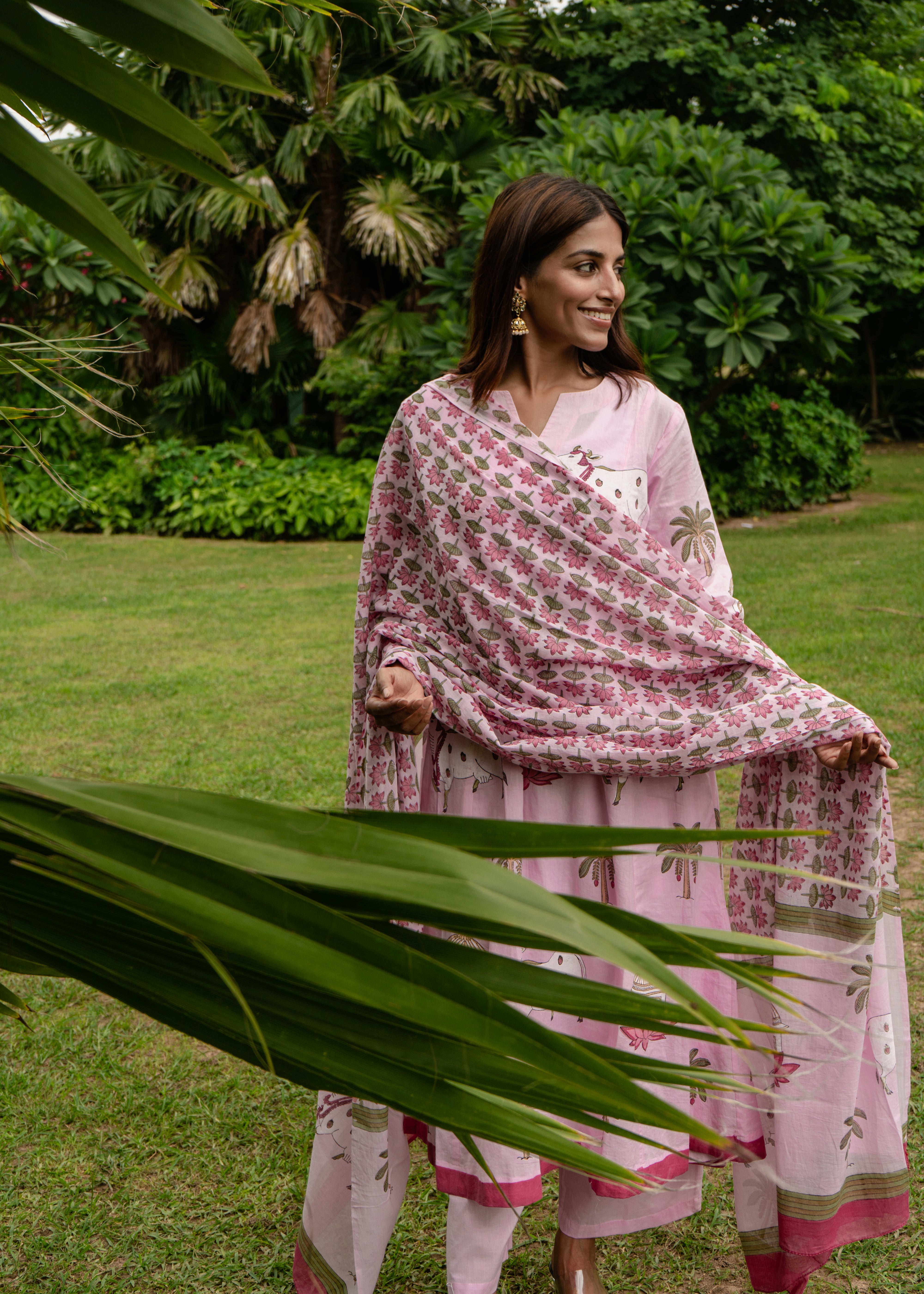 Indian Pichwai - Hand Block Printed Pastel Pink Kali Kurta With Pant (SET OF 2)