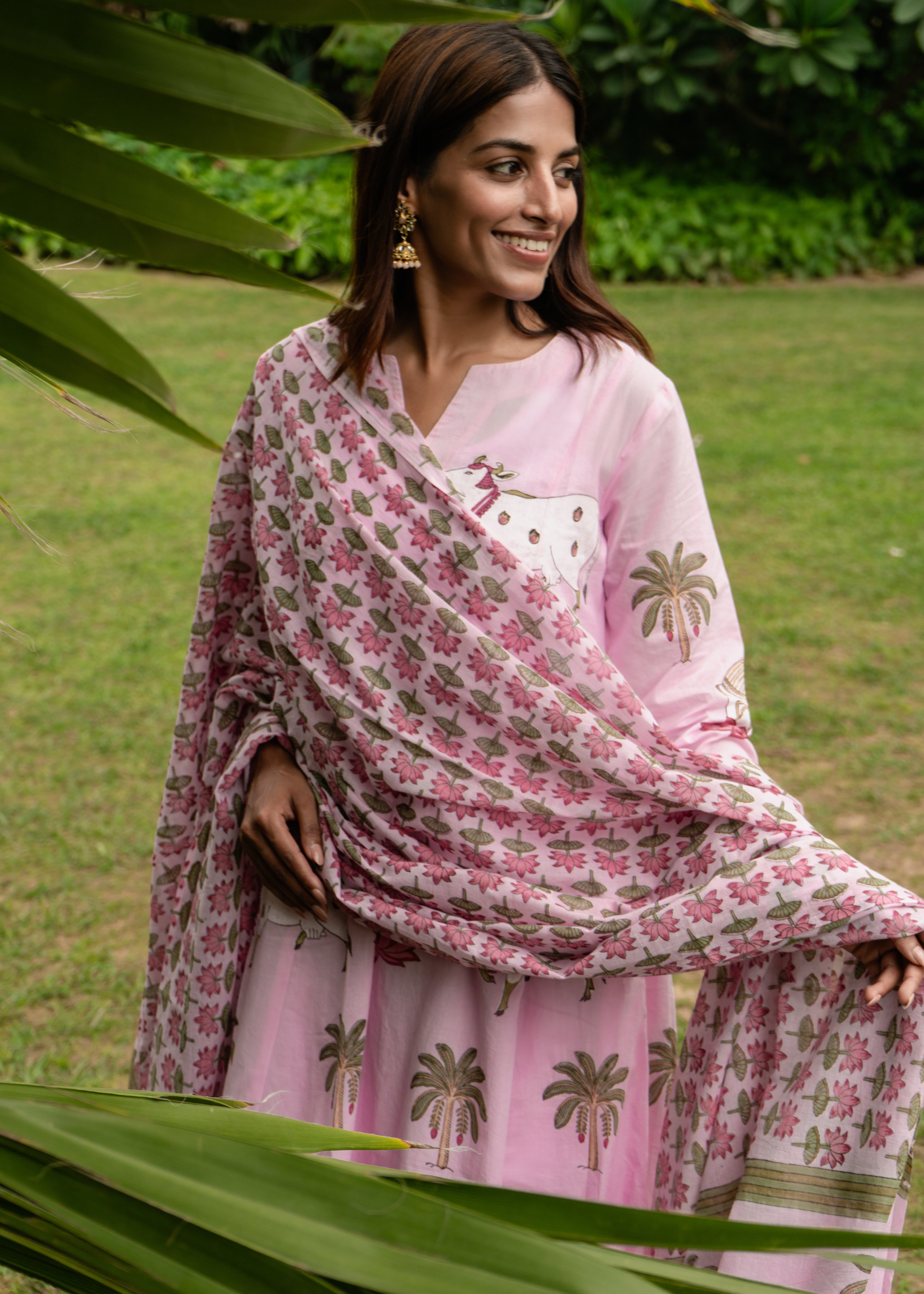 Indian Pichwai - Hand Block Printed Pastel Pink Kali Kurta With Pant (SET OF 2)