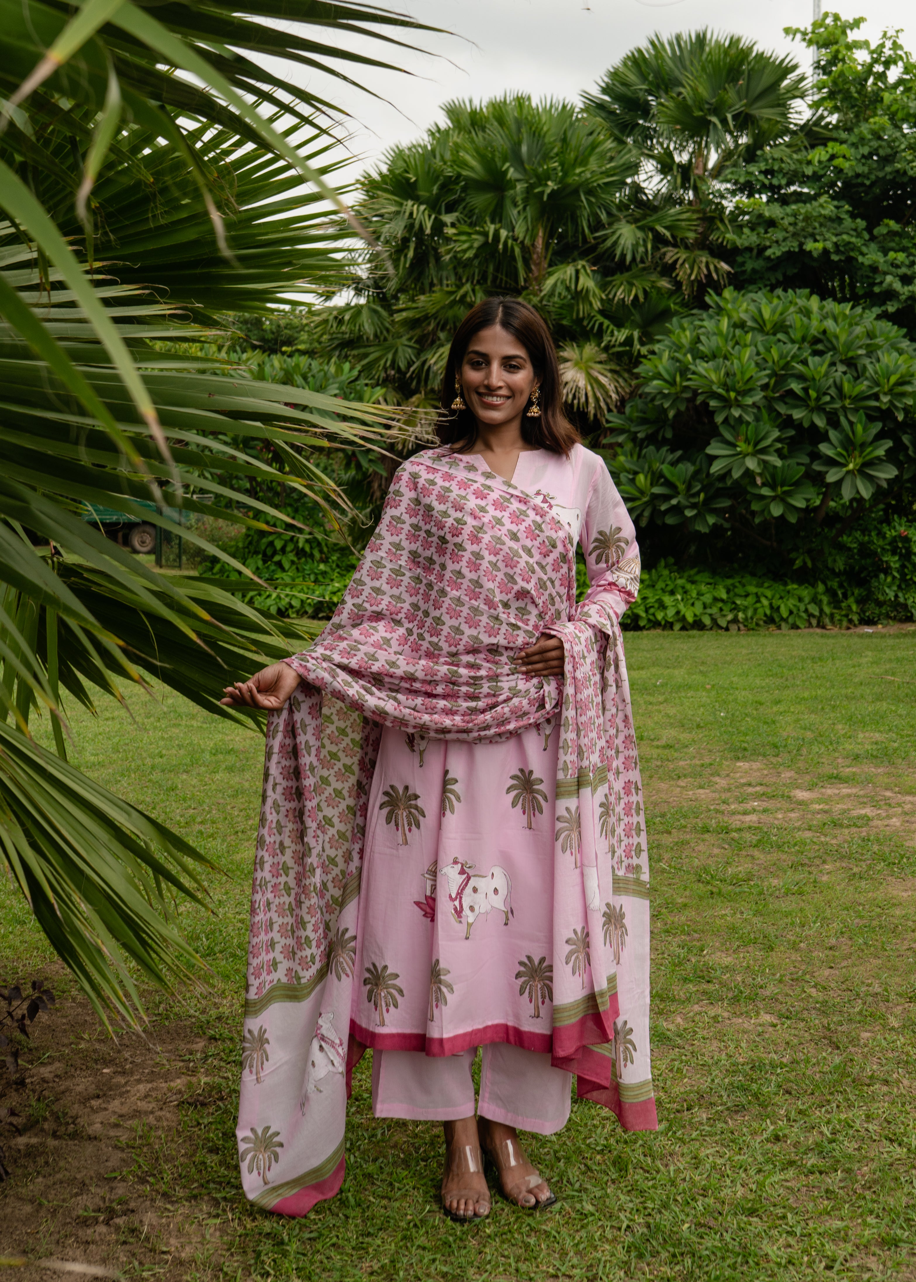 Indian Pichwai - Hand Block Printed Pastel Pink Kali Kurta With Pant (SET OF 2)