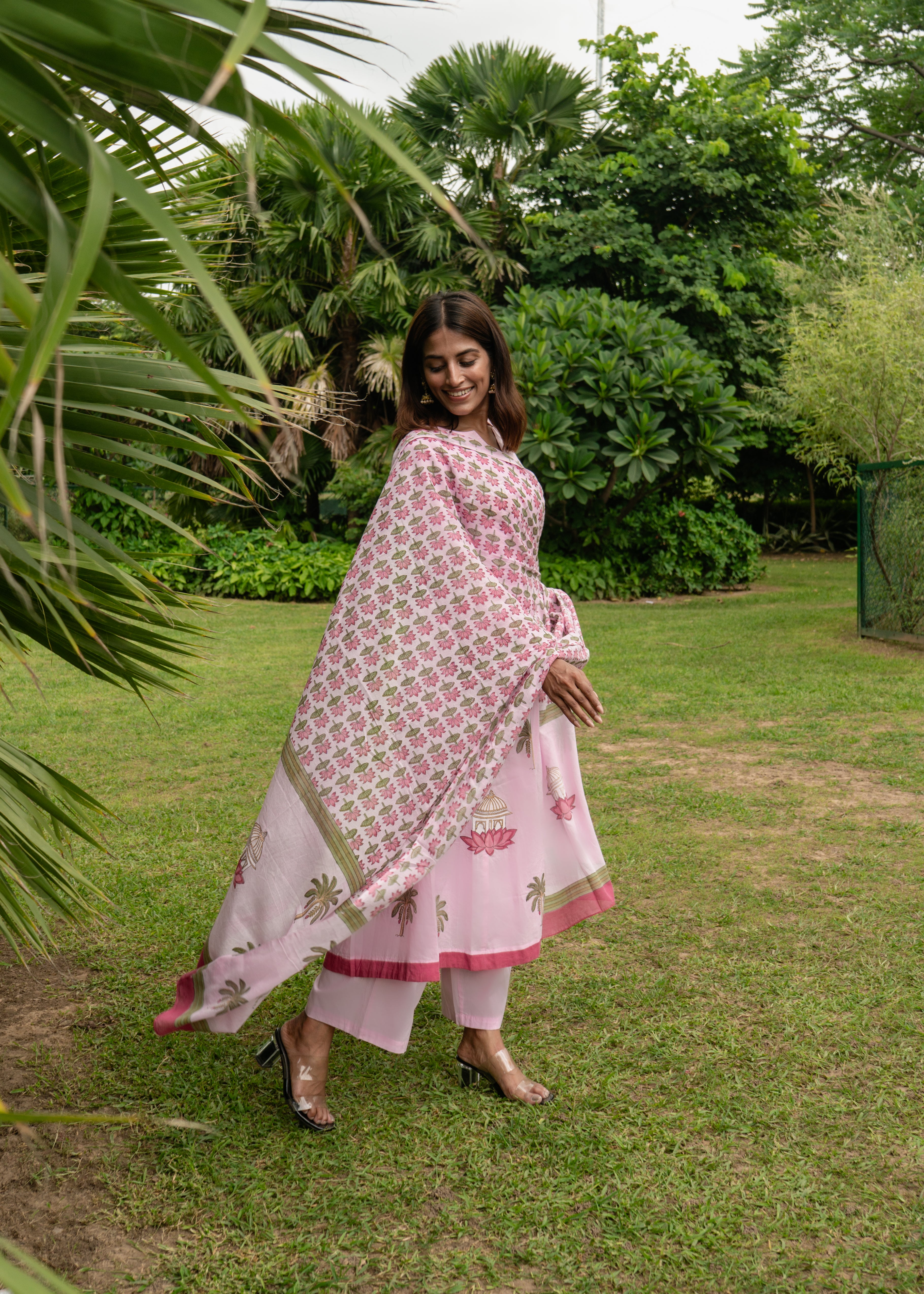 Indian Pichwai - Hand Block Printed Pastel Pink Kali Kurta With Pant (SET OF 2)