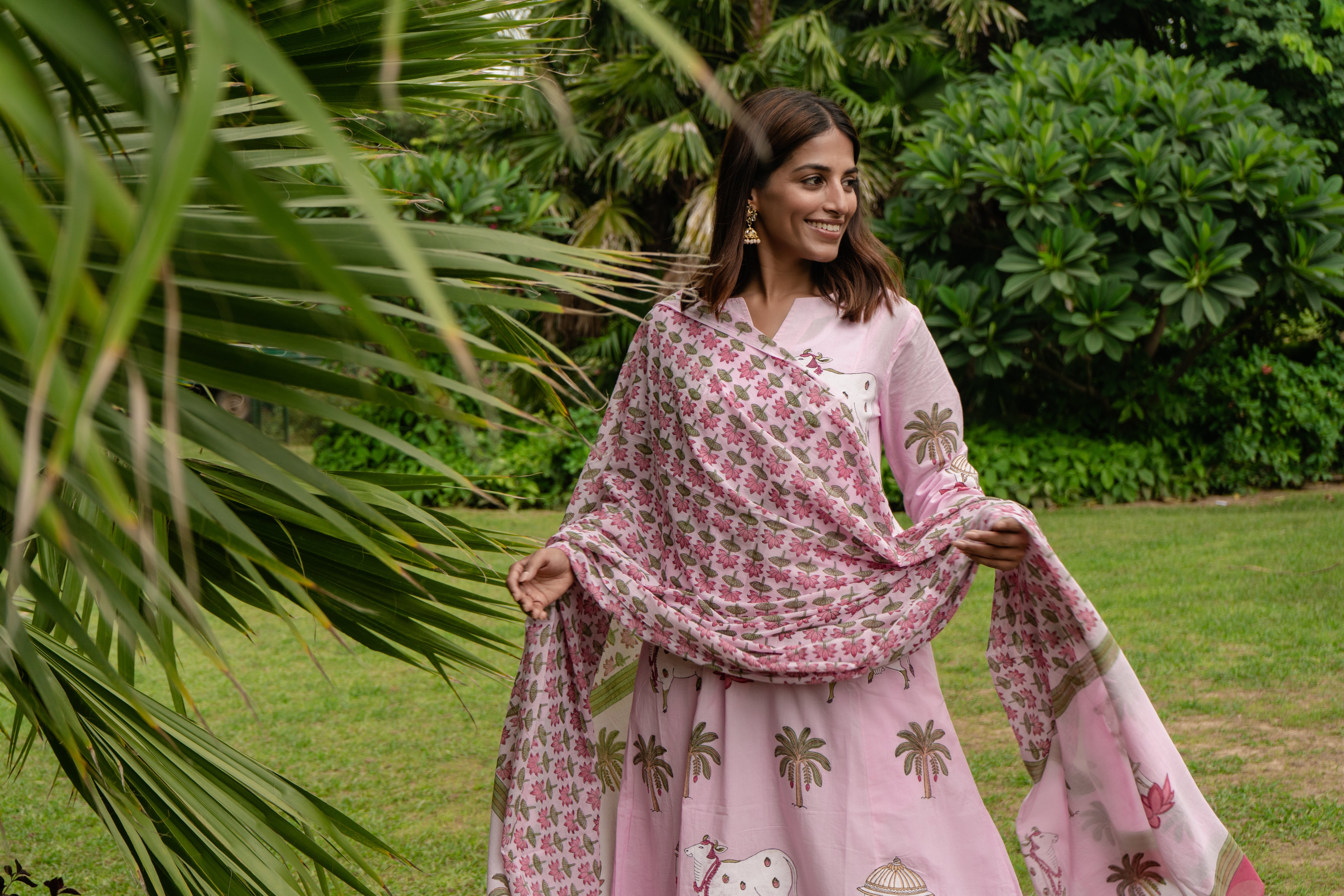 Indian Pichwai - Hand Block Printed Pastel Pink Kali Kurta With Pant (SET OF 2)