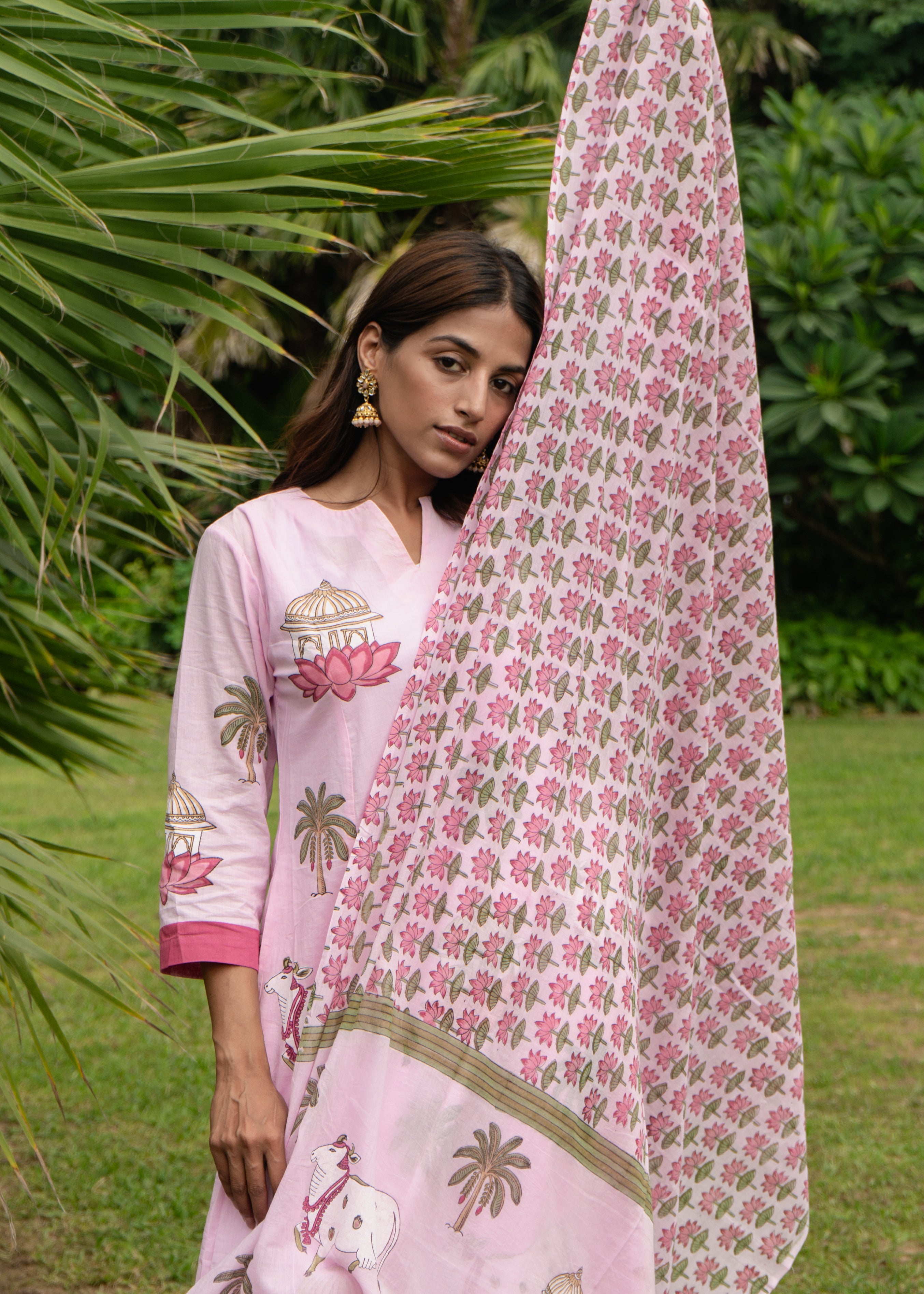 Indian Pichwai - Hand Block Printed Pastel Pink Kali Kurta With Pant (SET OF 2)