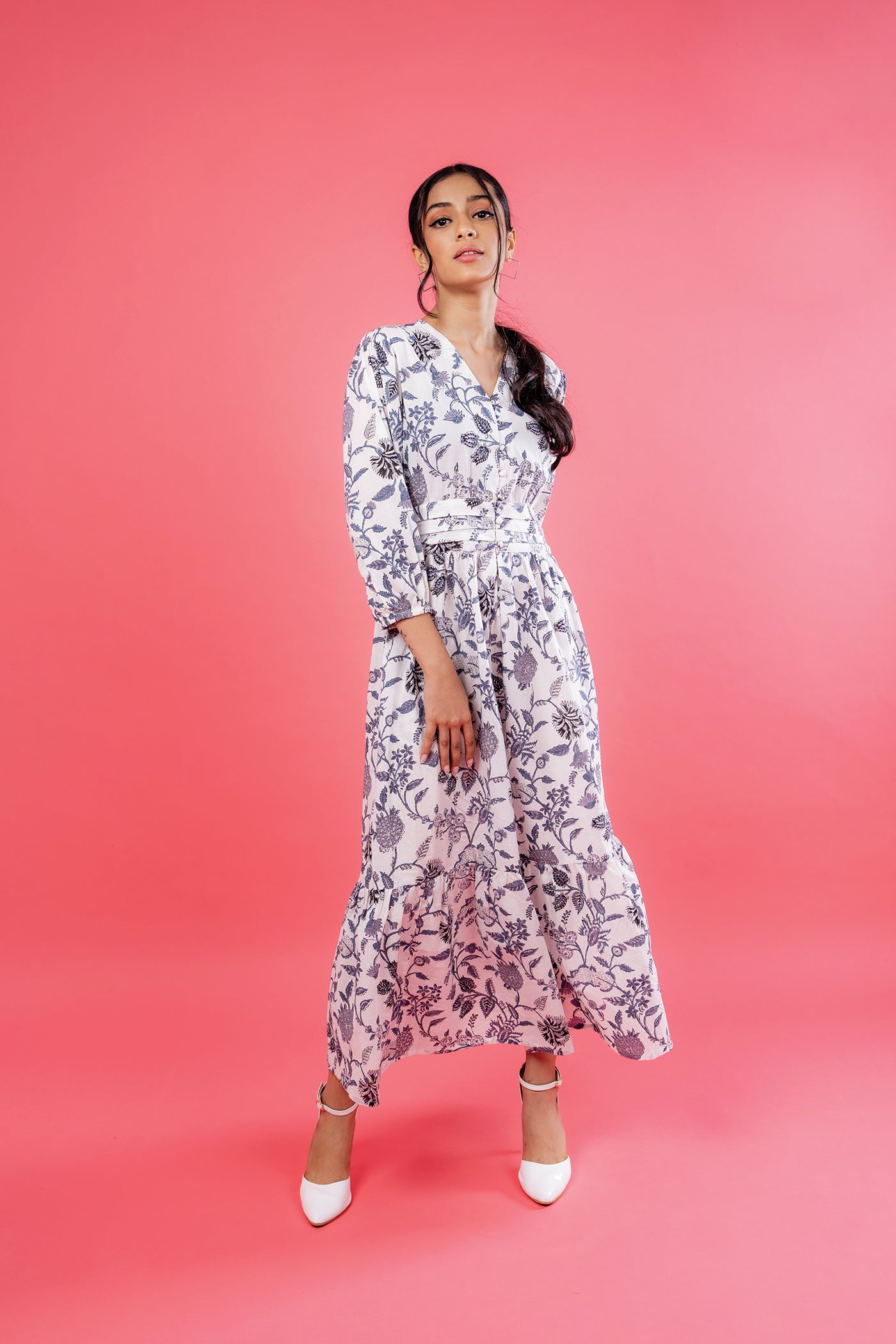 Florence Dress - Hand Block Print Cotton White Maxi Dress The Royal Gramma