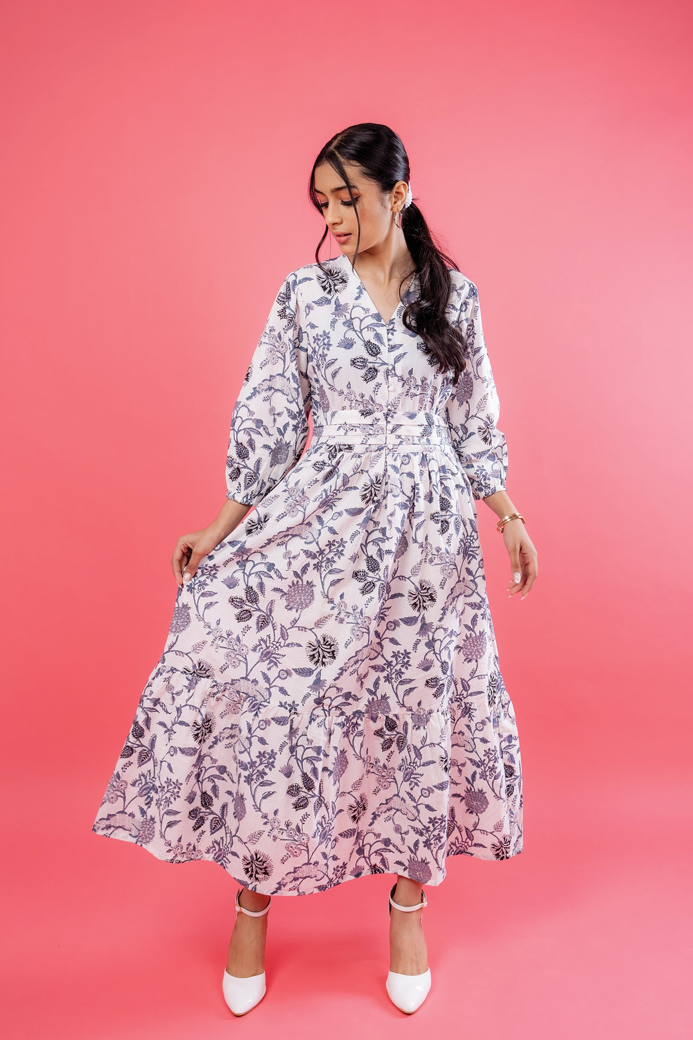 Florence Dress - Hand Block Print Cotton White Maxi Dress The Royal Gramma