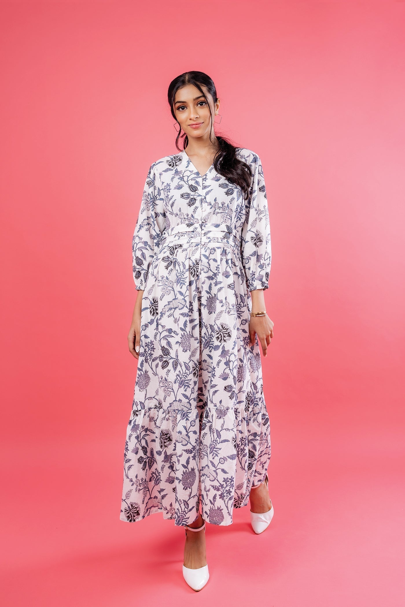 Florence Dress - Hand Block Print Cotton White Maxi Dress The Royal Gramma
