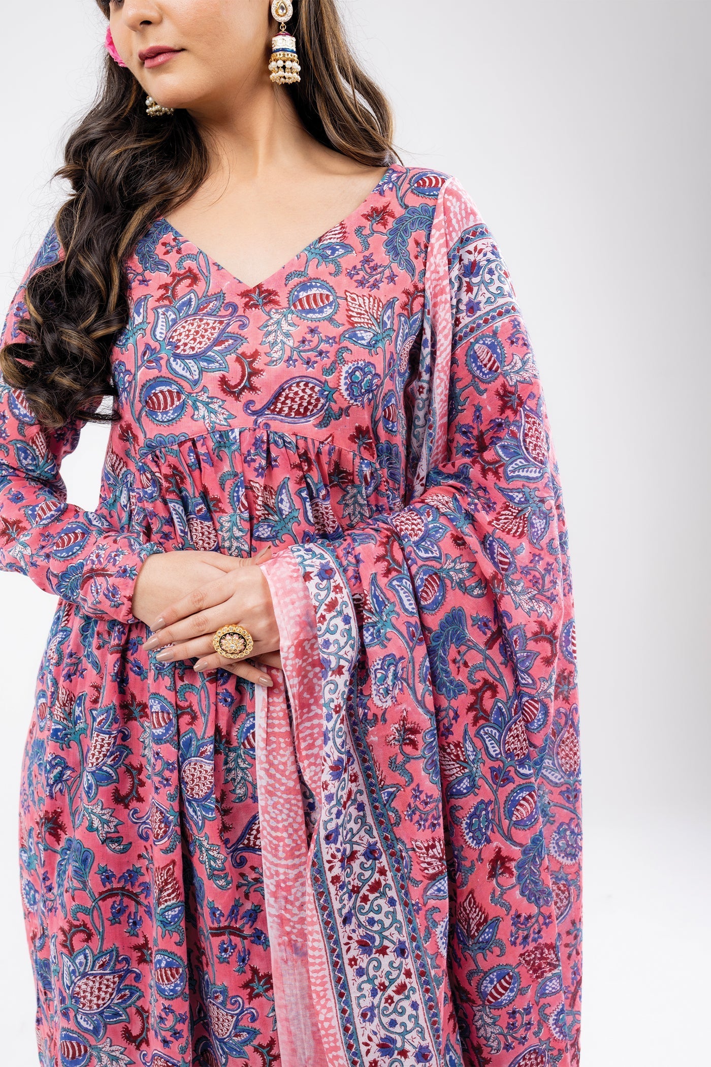 Gulabi - Hand Block Print Rose Pink Mulmul Anarkali Suit Set with Dupatta - Set of 3 The Royal Gramma