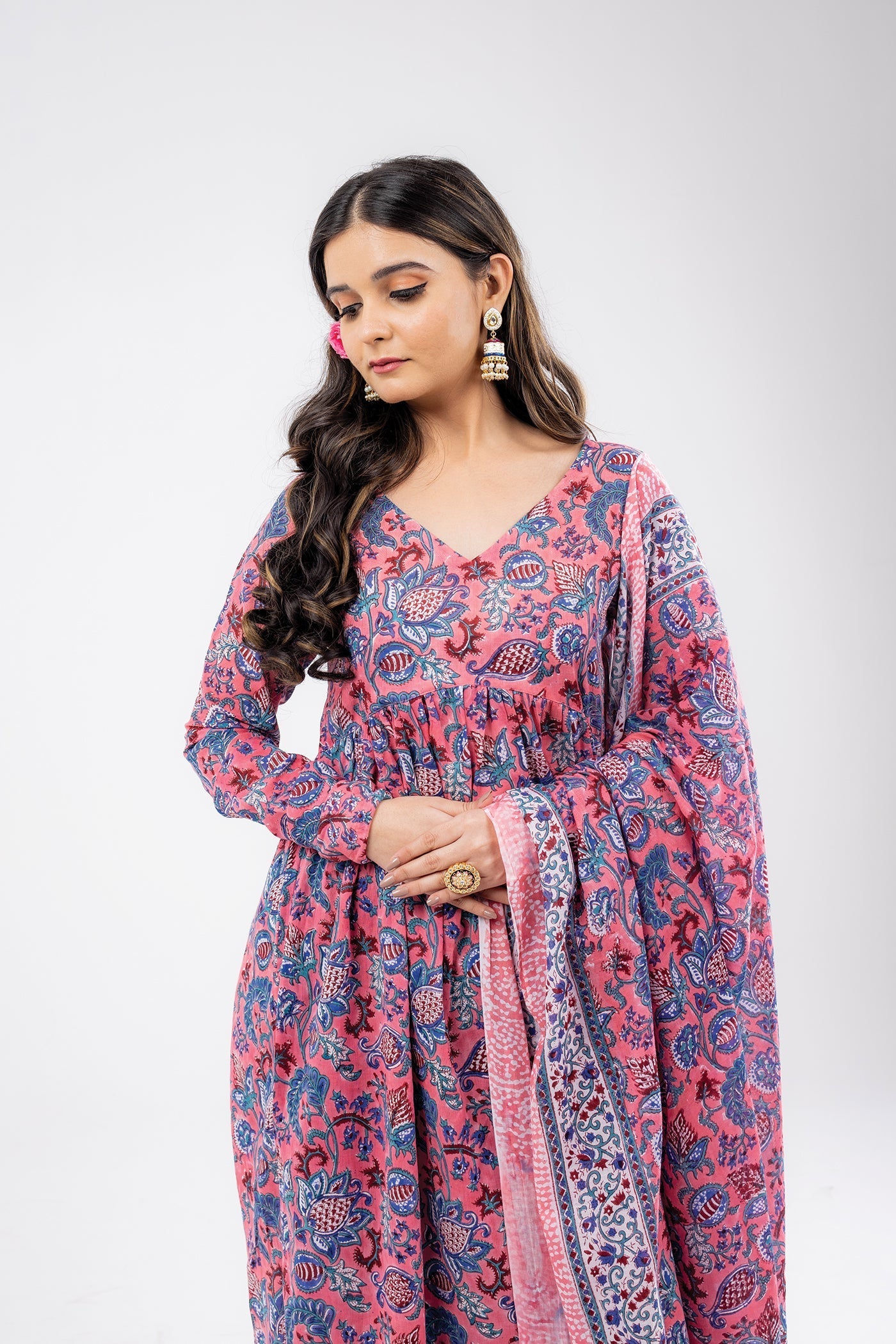 Gulabi - Hand Block Print Rose Pink Mulmul Anarkali Suit Set with Dupatta - Set of 3 The Royal Gramma
