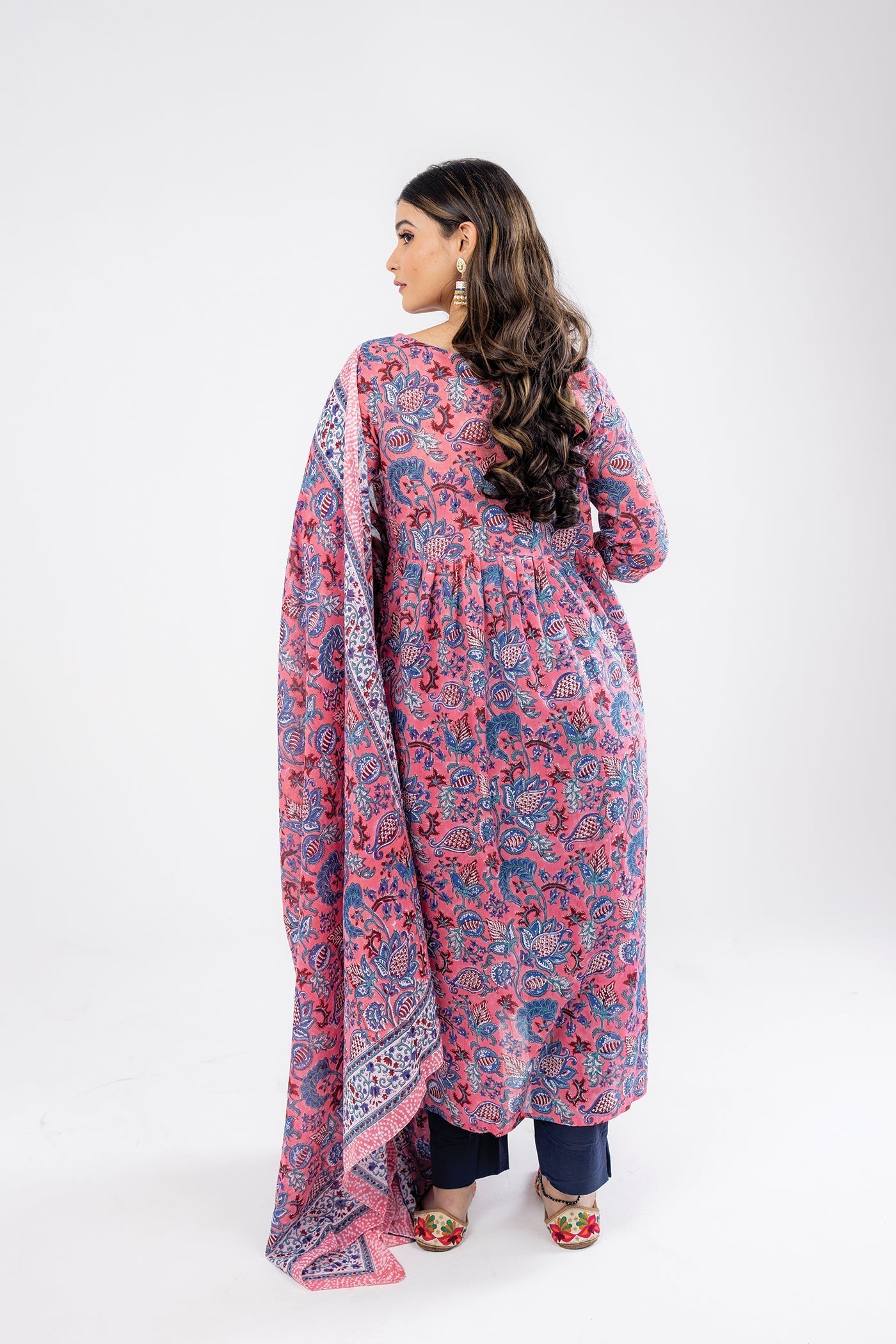 Gulabi - Hand Block Print Rose Pink Mulmul Anarkali Suit Set with Dupatta - Set of 3 The Royal Gramma