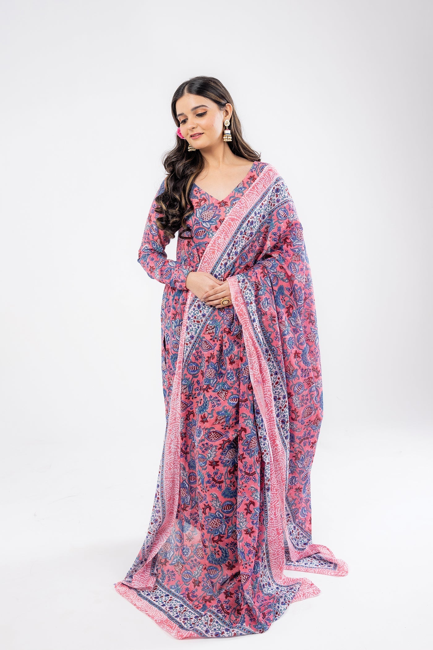 Gulabi - Hand Block Print Rose Pink Mulmul Anarkali Suit Set with Dupatta - Set of 3 The Royal Gramma
