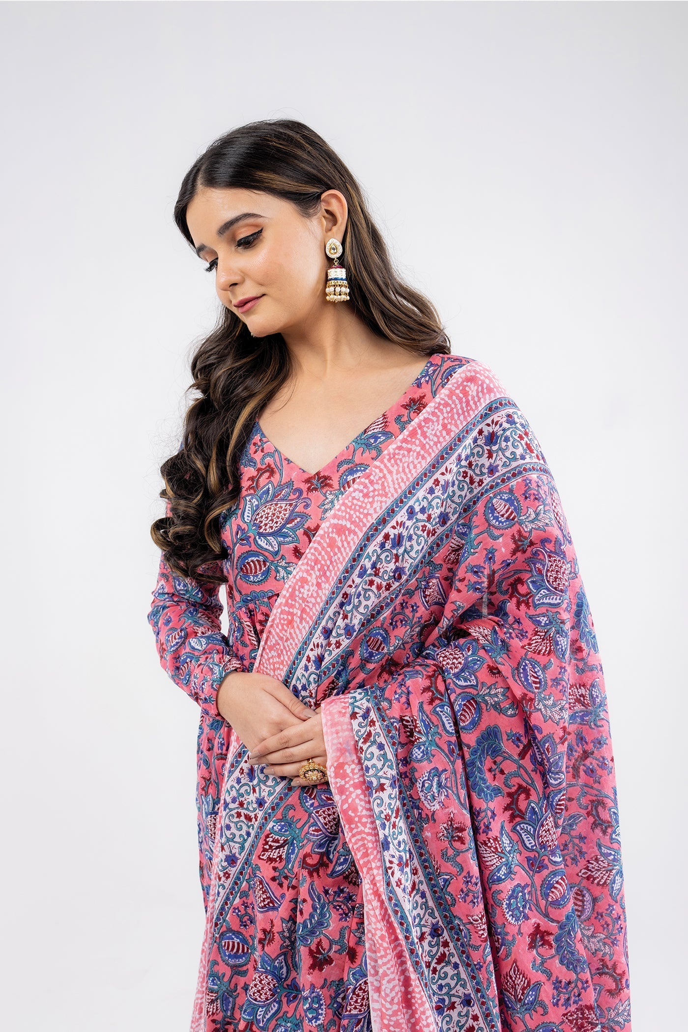 Gulabi - Hand Block Print Rose Pink Mulmul Anarkali Suit Set with Dupatta - Set of 3 The Royal Gramma