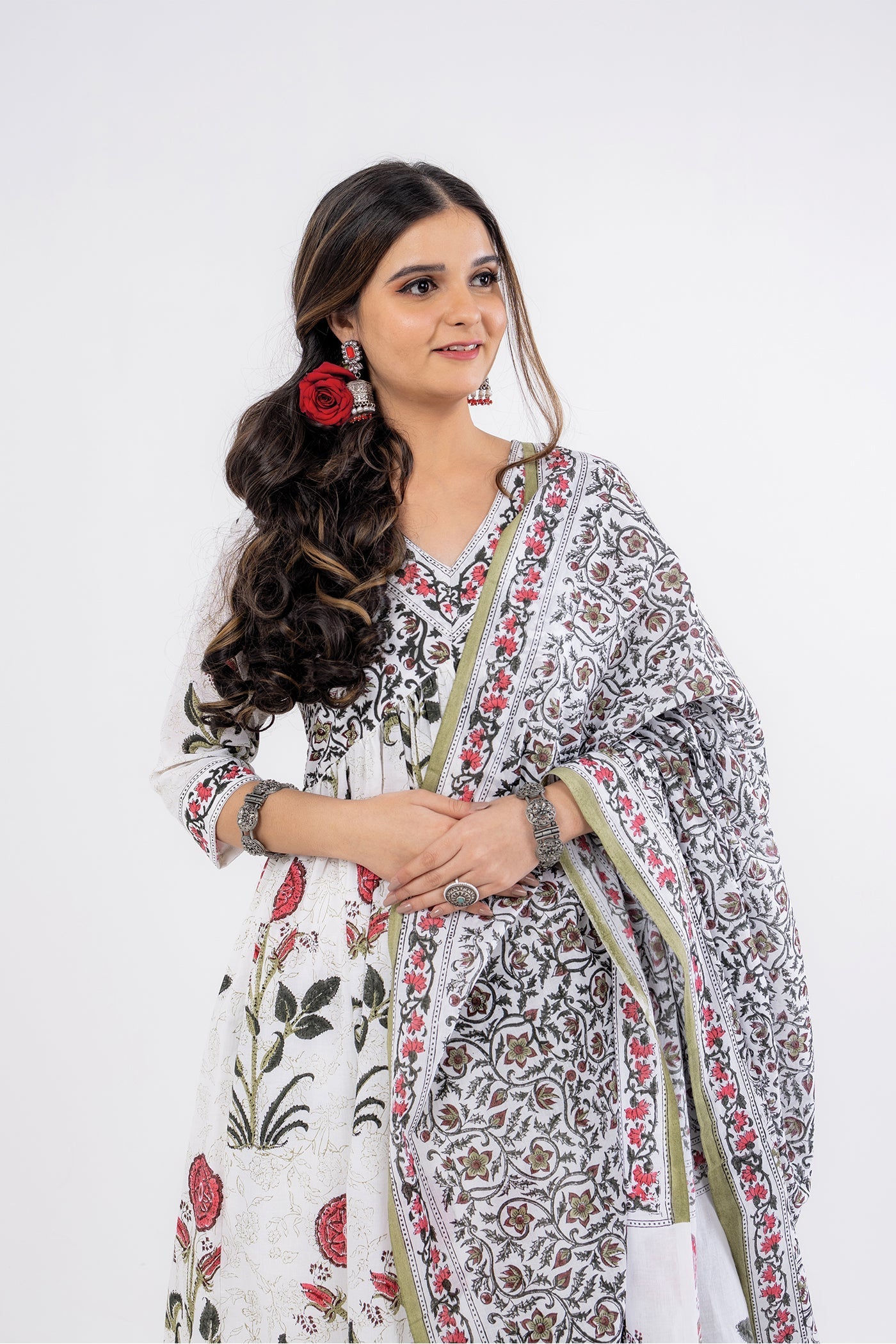 Gulmohar - Hand Block Print Pink Cotton Anarkali Suit Set with Dupatta - Set of 3 The Royal Gramma