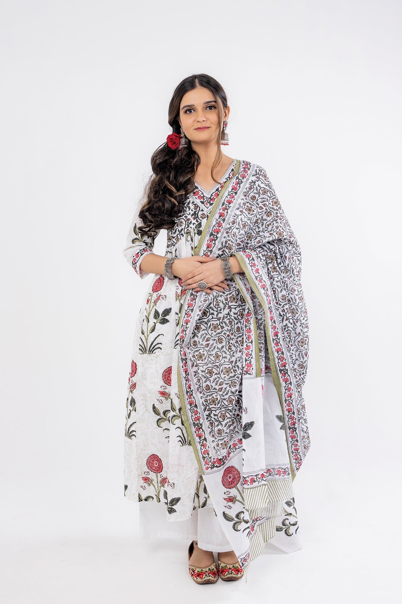 Gulmohar - Hand Block Print Pink Cotton Anarkali Suit Set with Dupatta - Set of 3 The Royal Gramma