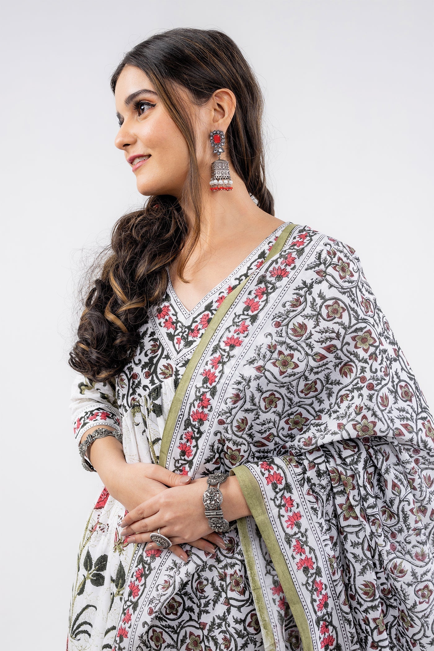 Gulmohar - Hand Block Print Pink Cotton Anarkali Suit Set with Dupatta - Set of 3 The Royal Gramma