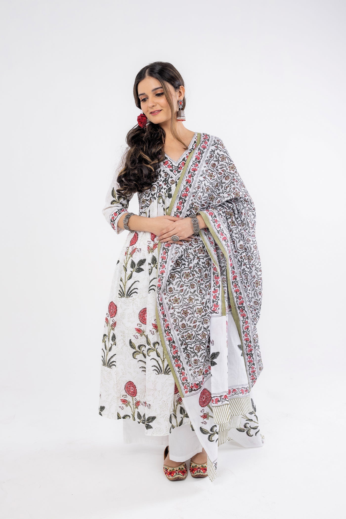 Gulmohar - Hand Block Print Pink Cotton Anarkali Suit Set with Dupatta - Set of 3 The Royal Gramma