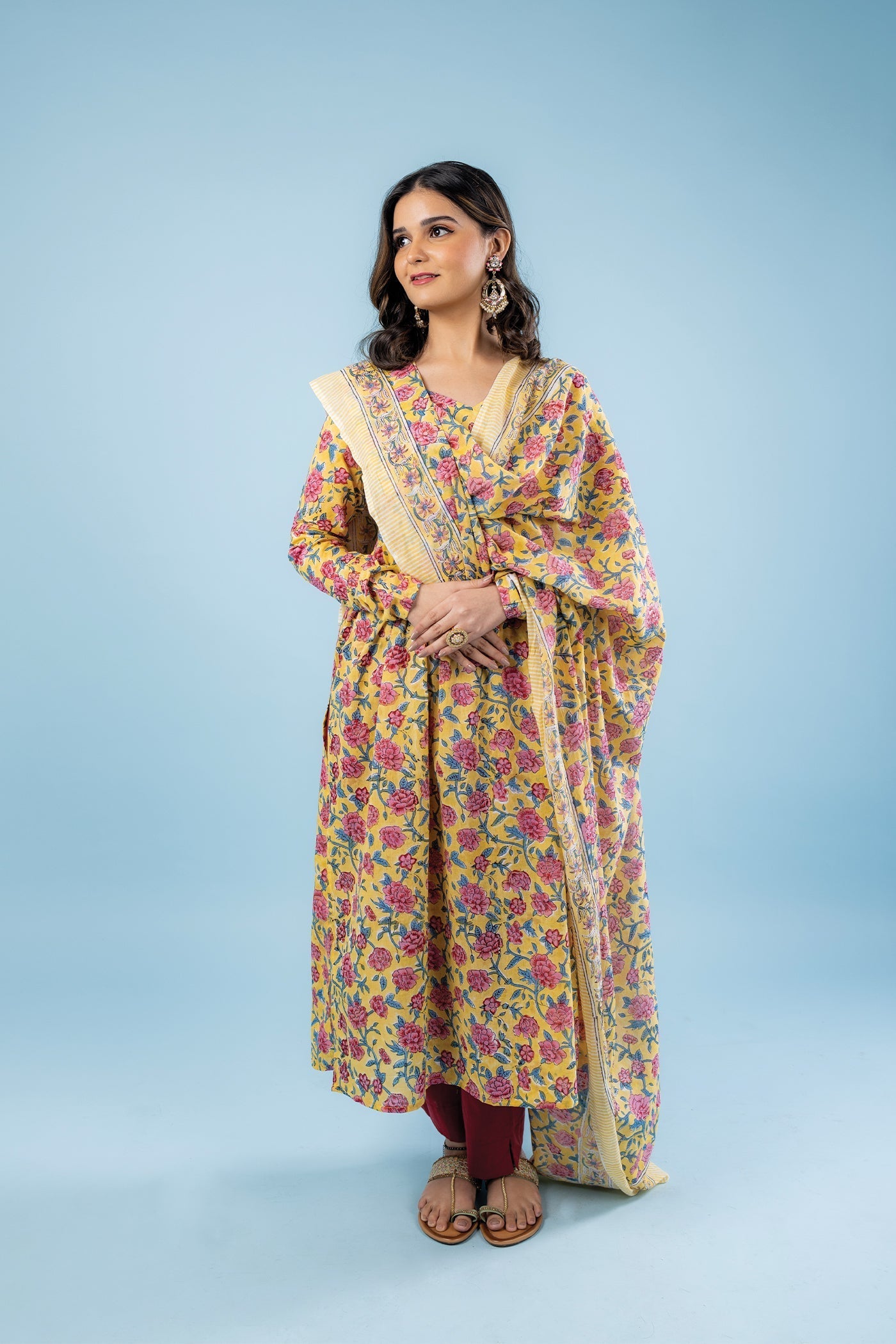 Hand Block Print Bagh Yellow Mulmul Suit With Dupatta - Set Of 3 The Royal Gramma