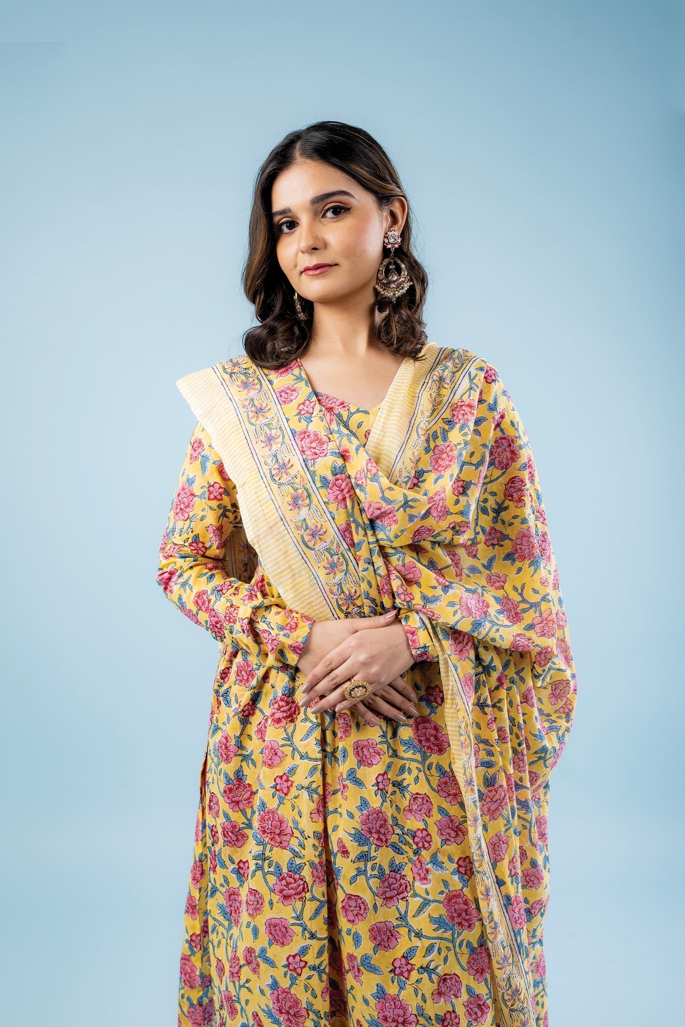 Hand Block Print Bagh Yellow Mulmul Suit With Dupatta - Set Of 3 The Royal Gramma