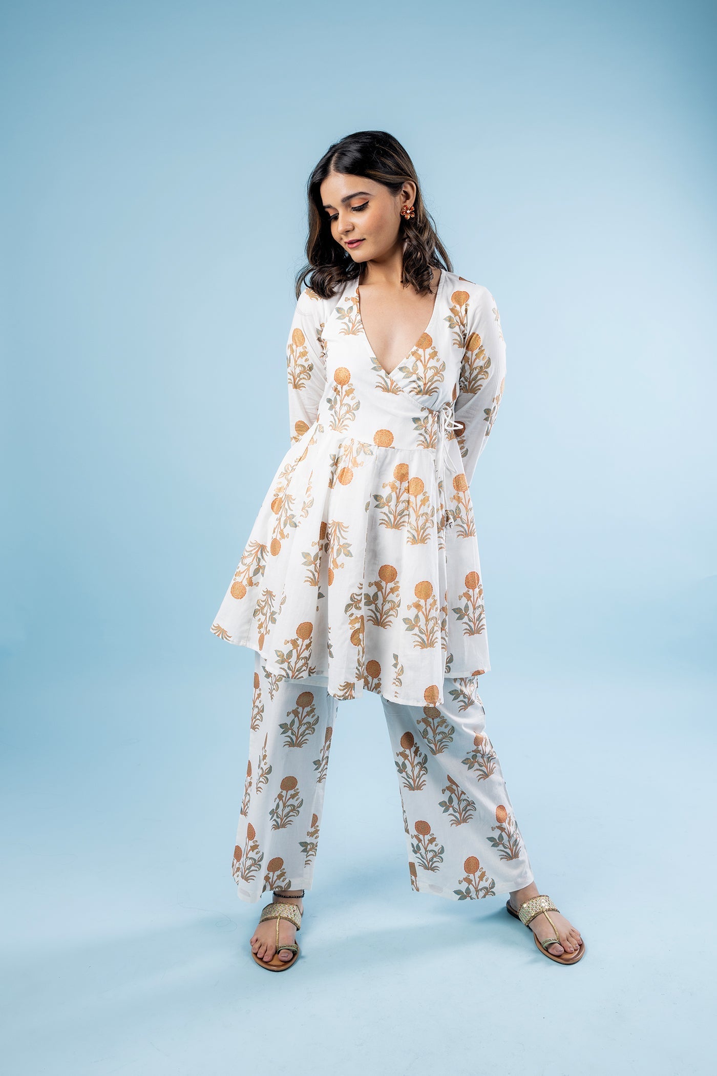 Hand Block Print Golden Poppy Short  Angrakha Kurta Set With Pants The Royal Gramma