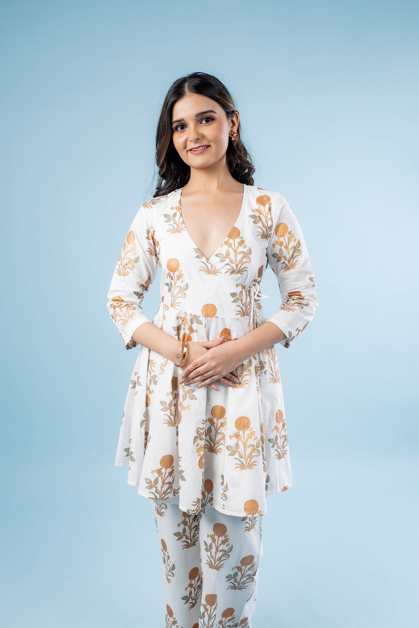 Hand Block Print Golden Poppy Short  Angrakha Kurta Set With Pants The Royal Gramma