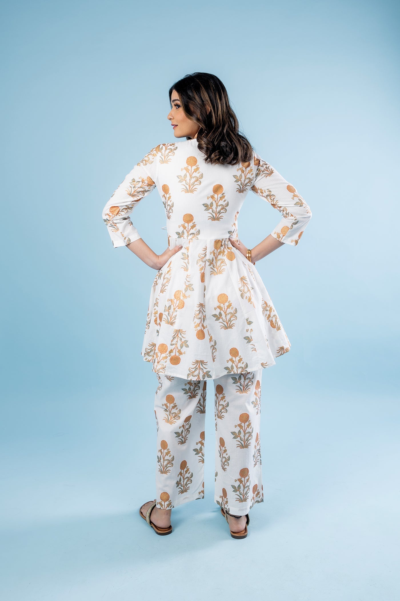 Hand Block Print Golden Poppy Short  Angrakha Kurta Set With Pants The Royal Gramma