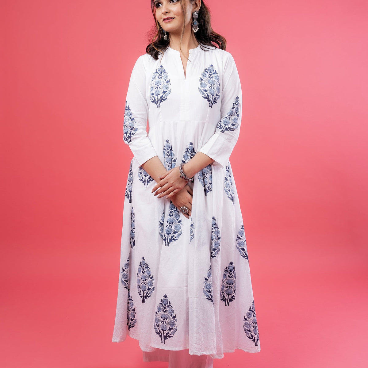 Hand Block Print Mughal Buta With Floral Design Anarkali Kurta