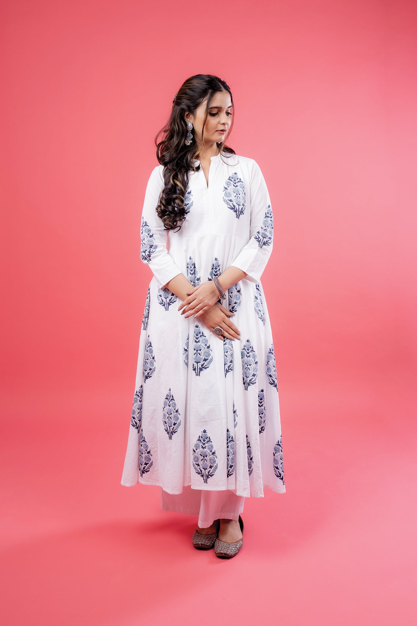 Hand Block Print Mughal Buta With Floral Design Anarkali Set With Pants The Royal Gramma