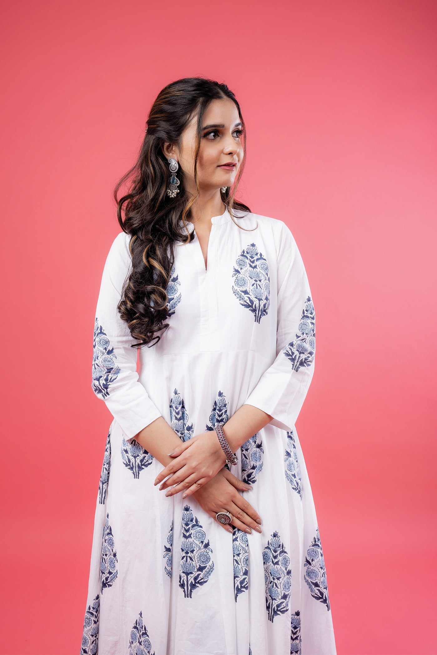 Hand Block Print Mughal Buta With Floral Design Anarkali Set With Pants The Royal Gramma