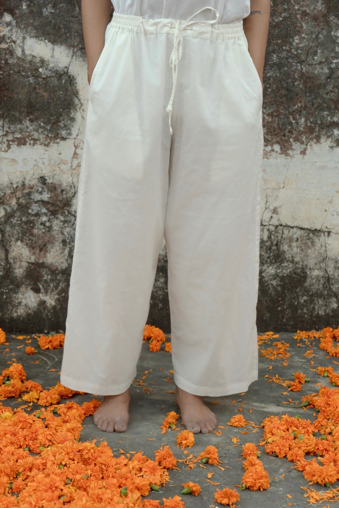 Mulmul Cotton Off White Straight Pants with Half Lining