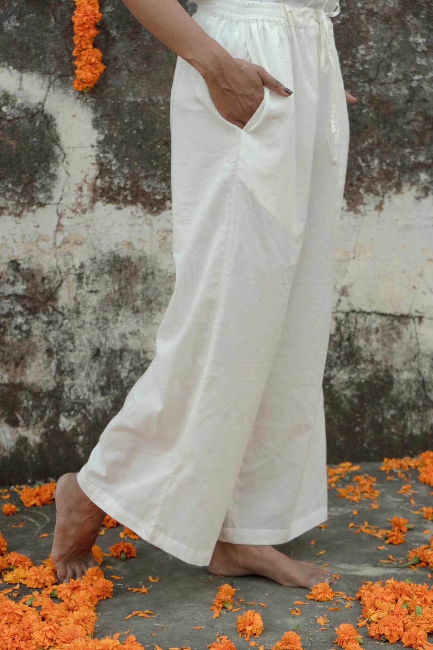 Mulmul Cotton Off White Straight Pants with Half Lining