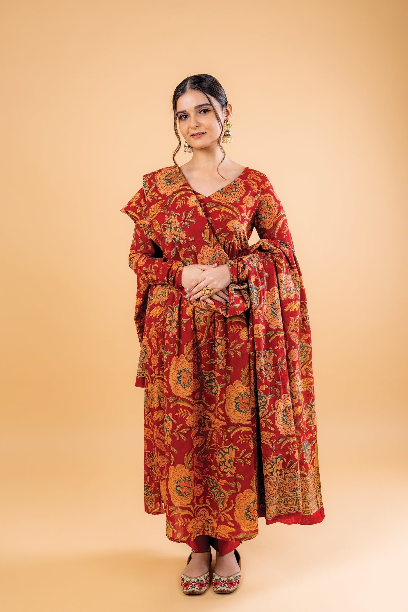 Nikhaar - Hand Block Print Bright Red Mulmul Anarkali Suit Set with Dupatta - Set of 3 The Royal Gramma