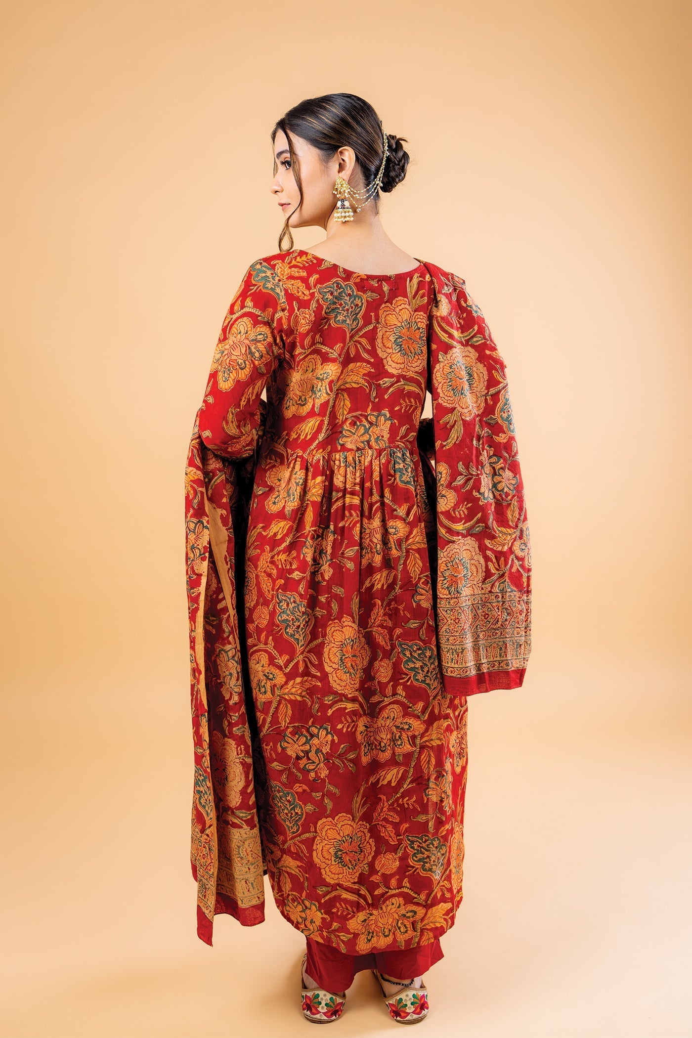 Nikhaar - Hand Block Print Bright Red Mulmul Anarkali Suit Set with Dupatta - Set of 3 The Royal Gramma