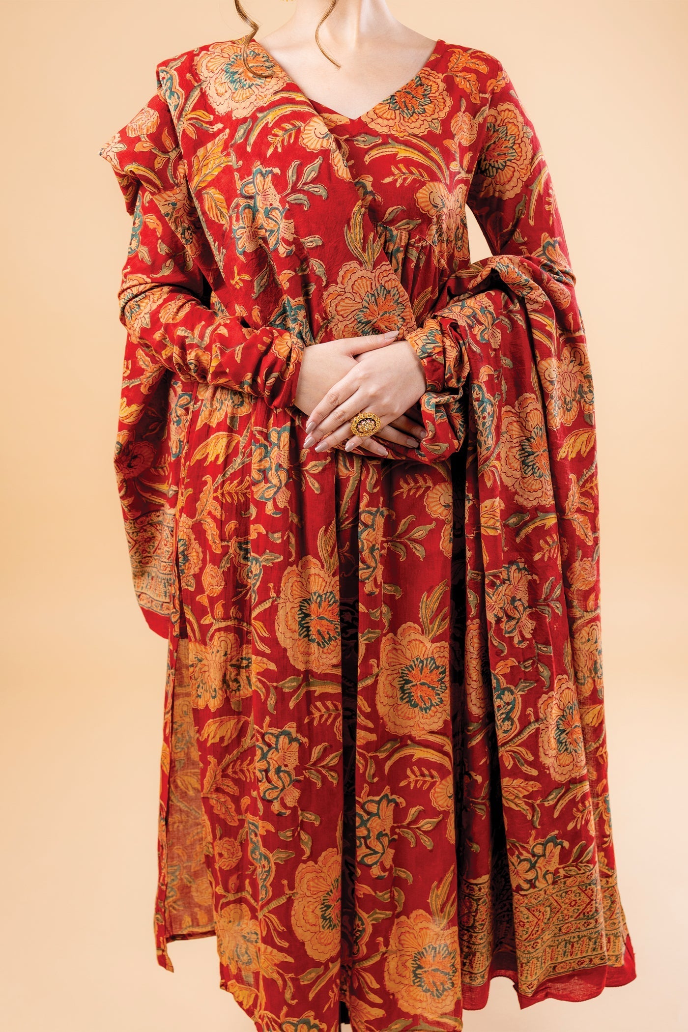 Nikhaar - Hand Block Print Bright Red Mulmul Anarkali Suit Set with Dupatta - Set of 3 The Royal Gramma