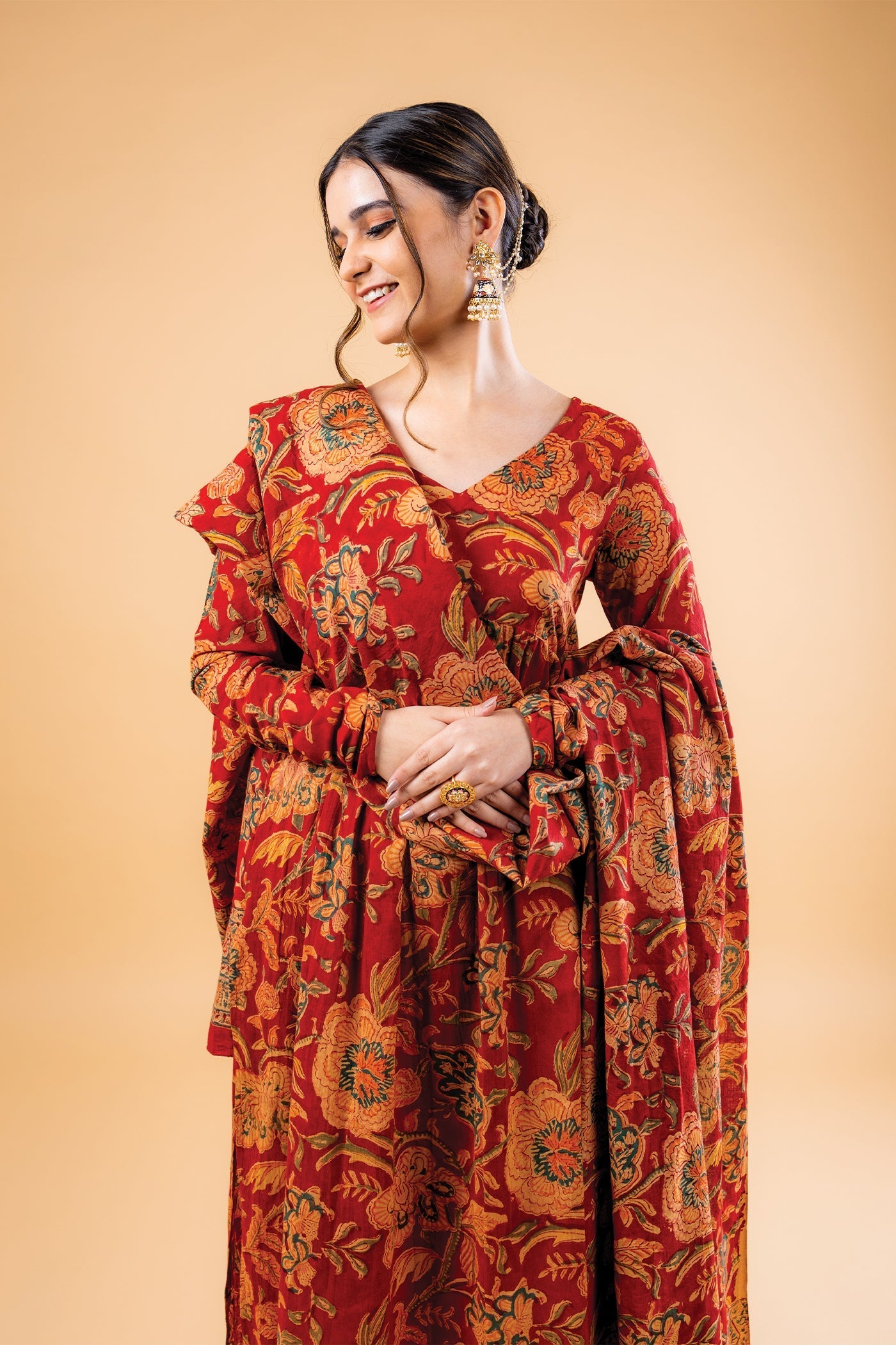 Nikhaar - Hand Block Print Bright Red Mulmul Anarkali Suit Set with Dupatta - Set of 3 The Royal Gramma