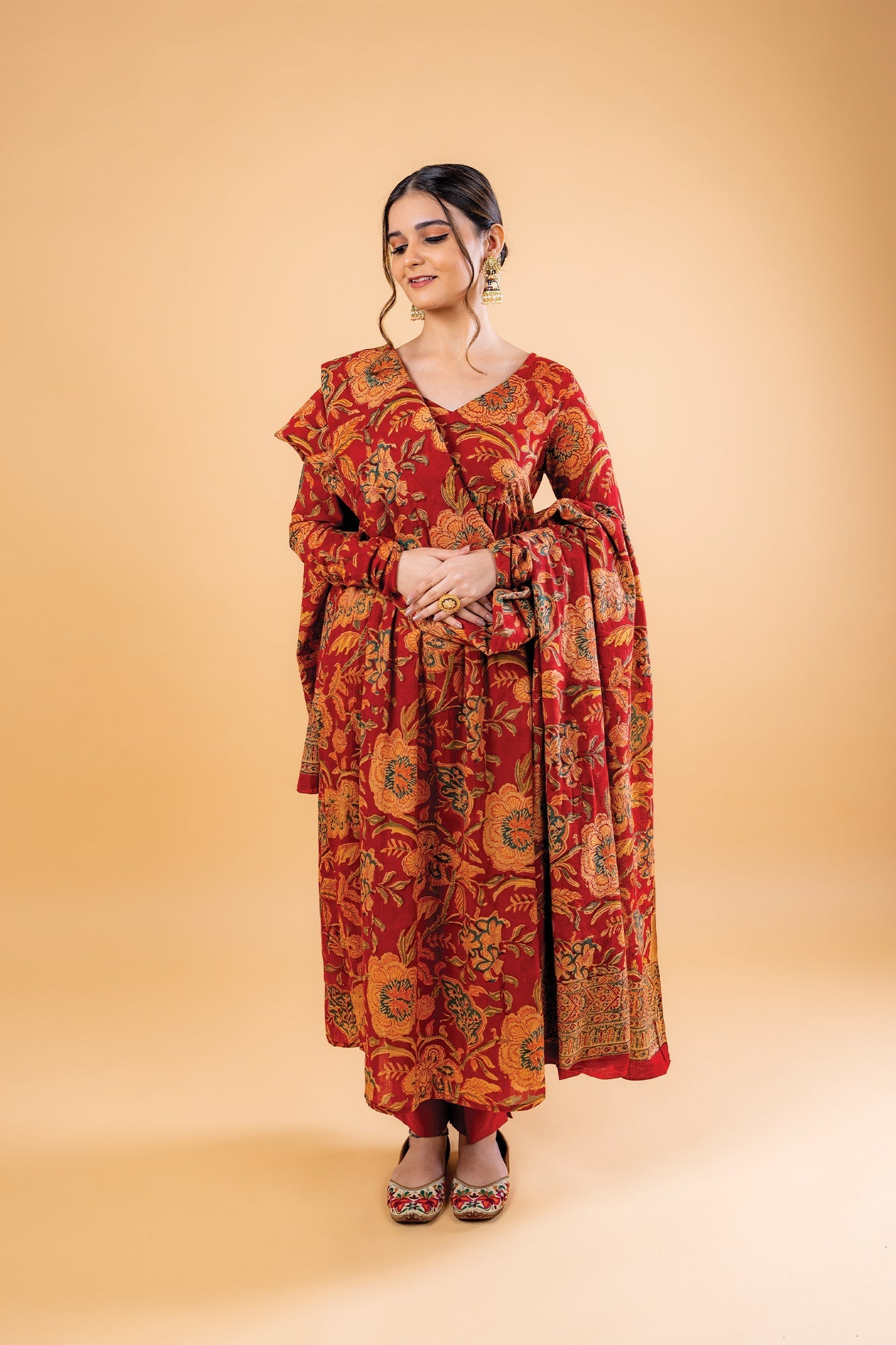 Nikhaar - Hand Block Print Bright Red Mulmul Anarkali Suit Set with Dupatta - Set of 3 The Royal Gramma