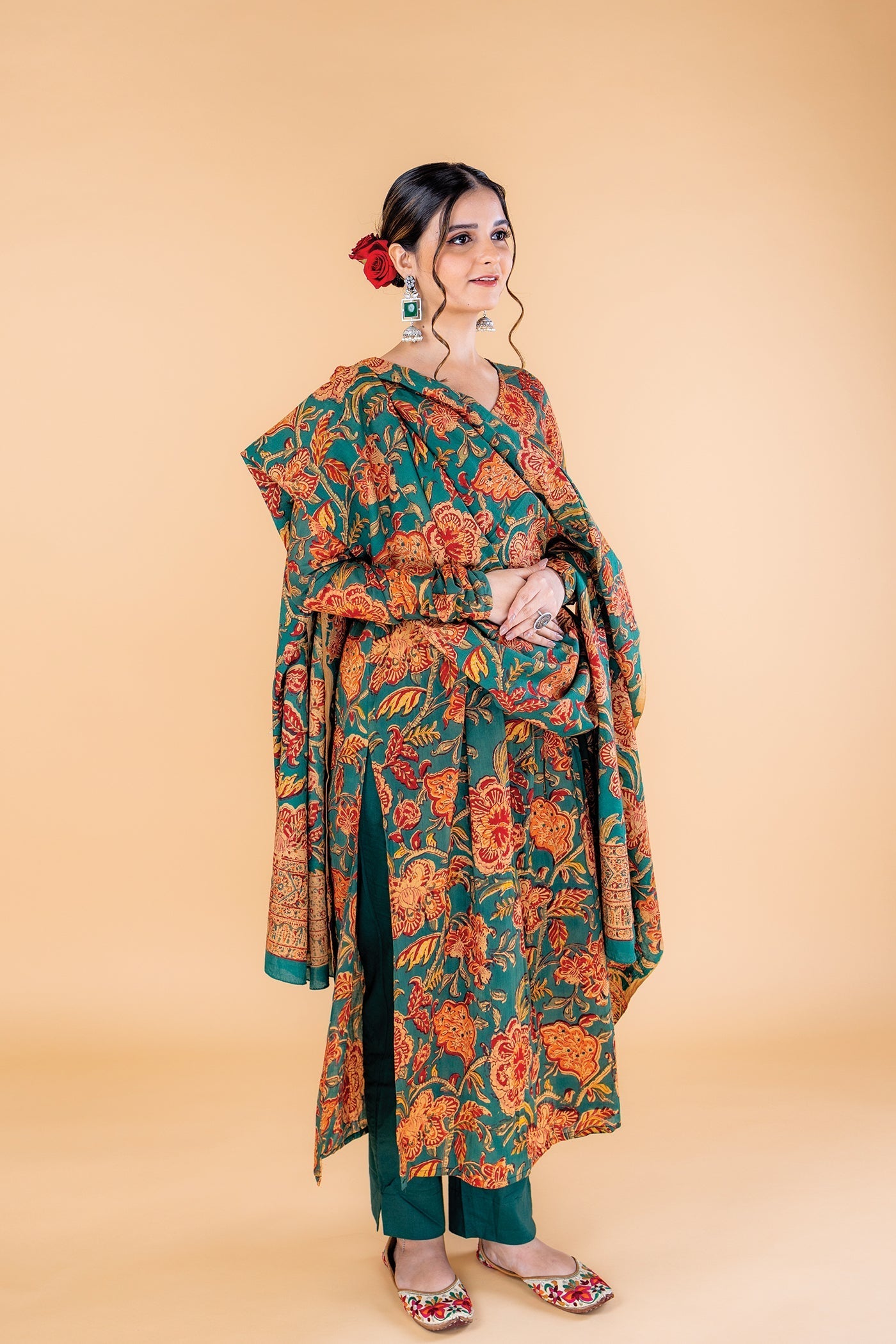 Nikhaar - Hand Block Print Teal Green Mulmul Anarkali Suit Set with Dupatta - Set of 3 The Royal Gramma