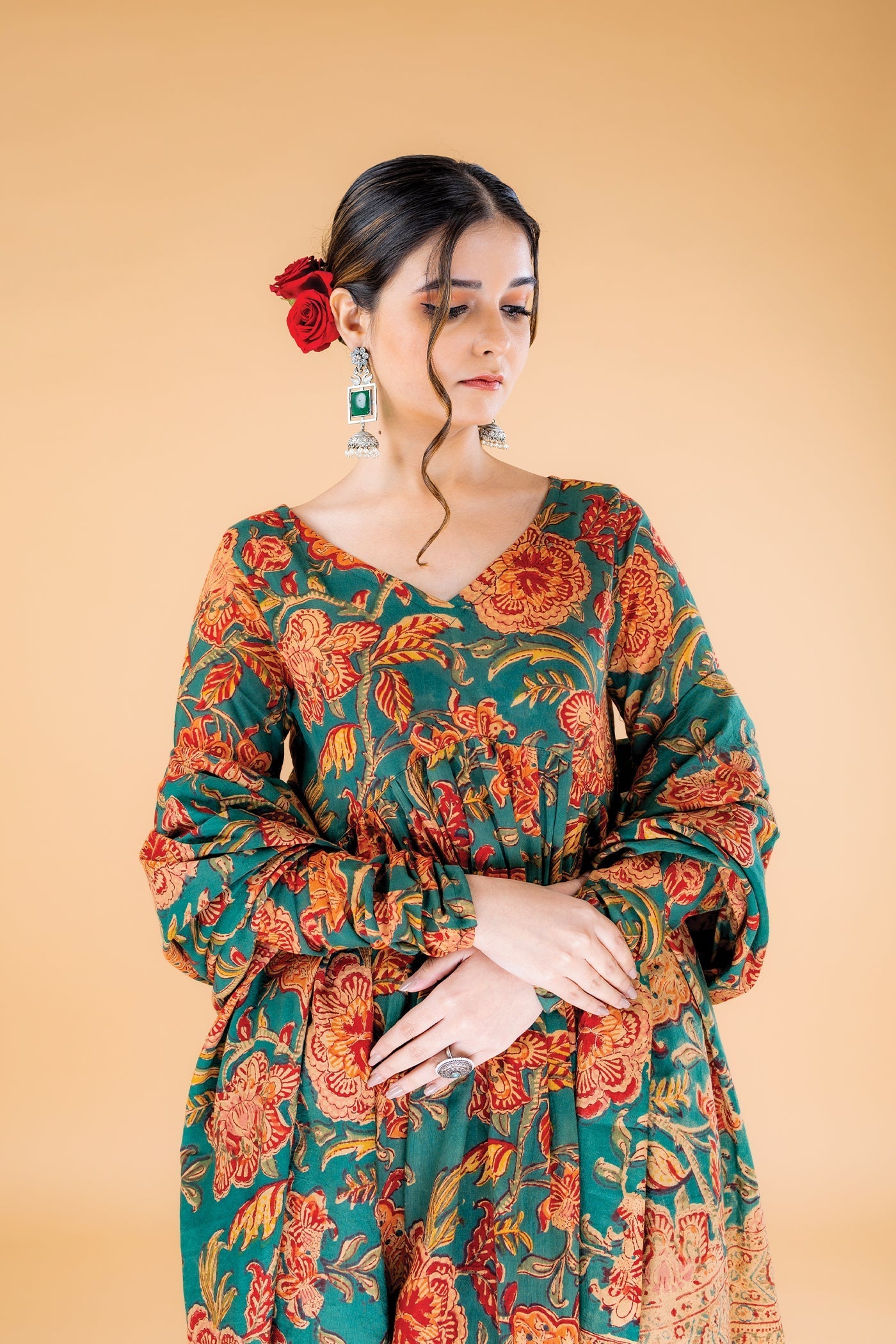 Nikhaar - Hand Block Print Teal Green Mulmul Anarkali Suit Set with Dupatta - Set of 3 The Royal Gramma