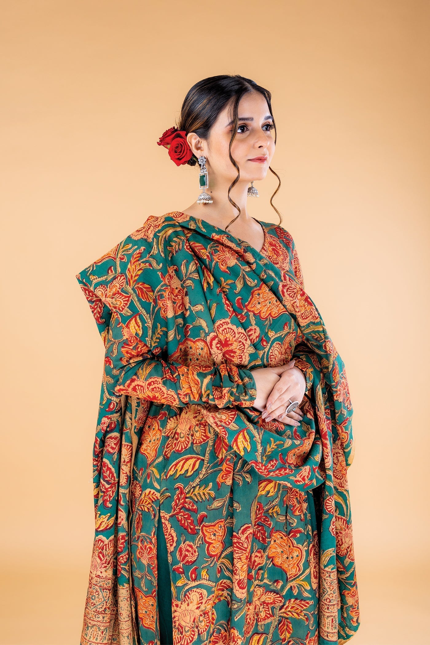 Nikhaar - Hand Block Print Teal Green Mulmul Anarkali Suit Set with Dupatta - Set of 3 The Royal Gramma