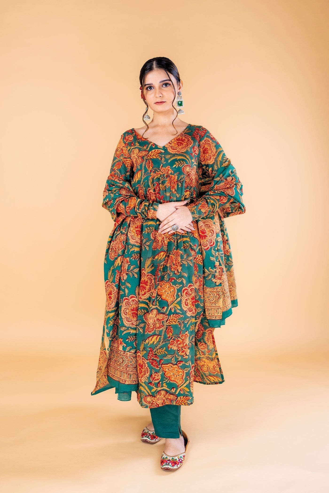 Nikhaar - Hand Block Print Teal Green Mulmul Anarkali Suit Set with Dupatta - Set of 3 The Royal Gramma