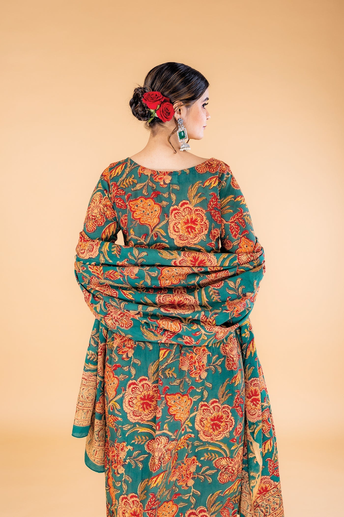 Nikhaar - Hand Block Print Teal Green Mulmul Anarkali Suit Set with Dupatta - Set of 3 The Royal Gramma