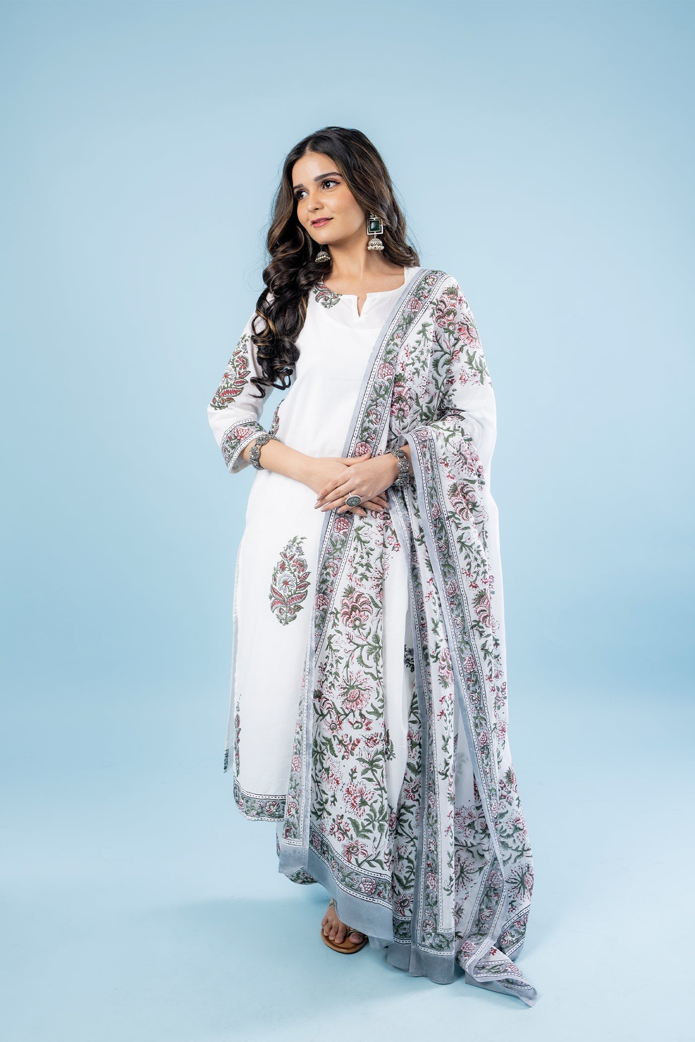 Noor - Hand Block Print Green Mughal Butta Cotton Straight Suit Set with Dupatta - Set of 3 The Royal Gramma