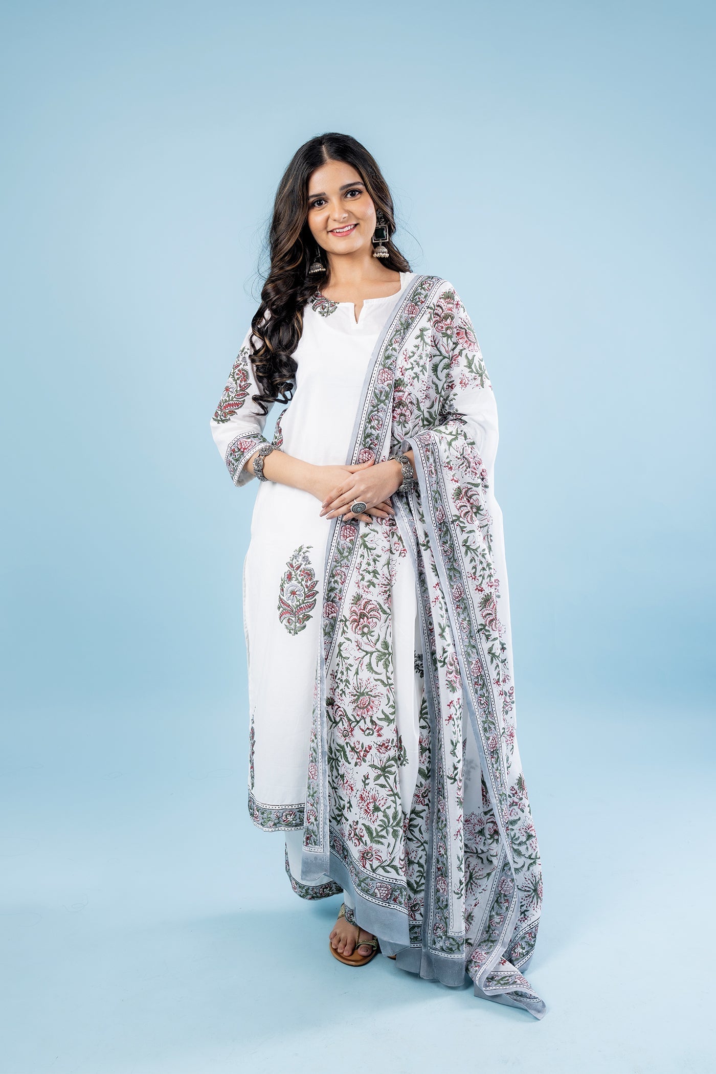 Noor - Hand Block Print Green Mughal Butta Cotton Straight Suit Set with Dupatta - Set of 3 The Royal Gramma