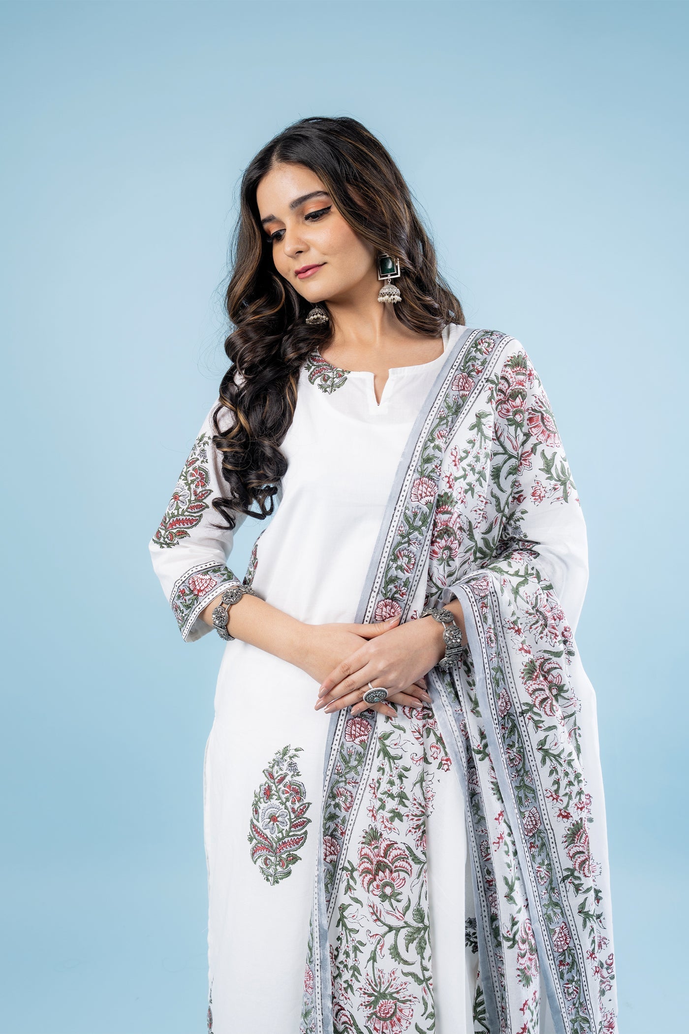 Noor - Hand Block Print Green Mughal Butta Cotton Straight Suit Set with Dupatta - Set of 3 The Royal Gramma