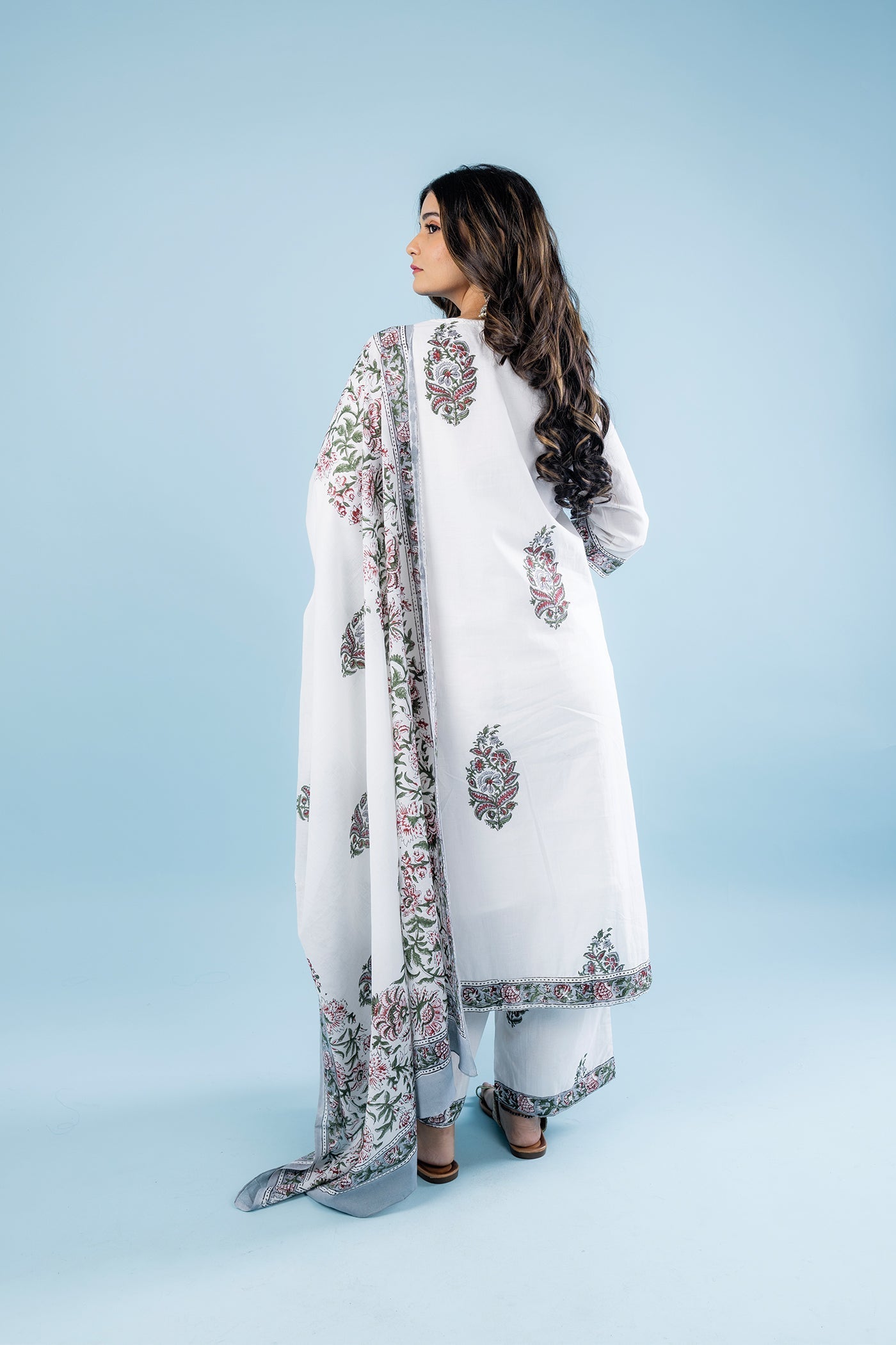 Noor - Hand Block Print Green Mughal Butta Cotton Straight Suit Set with Dupatta - Set of 3 The Royal Gramma