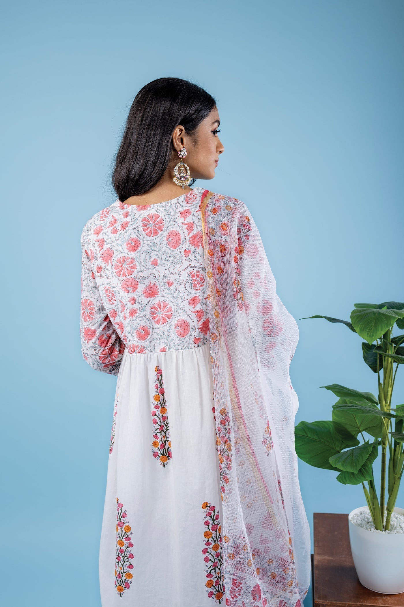 Rozana - Hand Block Print Orange and Pink Mughal Butta Cotton Anarkali Suit Set with Dupatta - Set of 3 The Royal Gramma