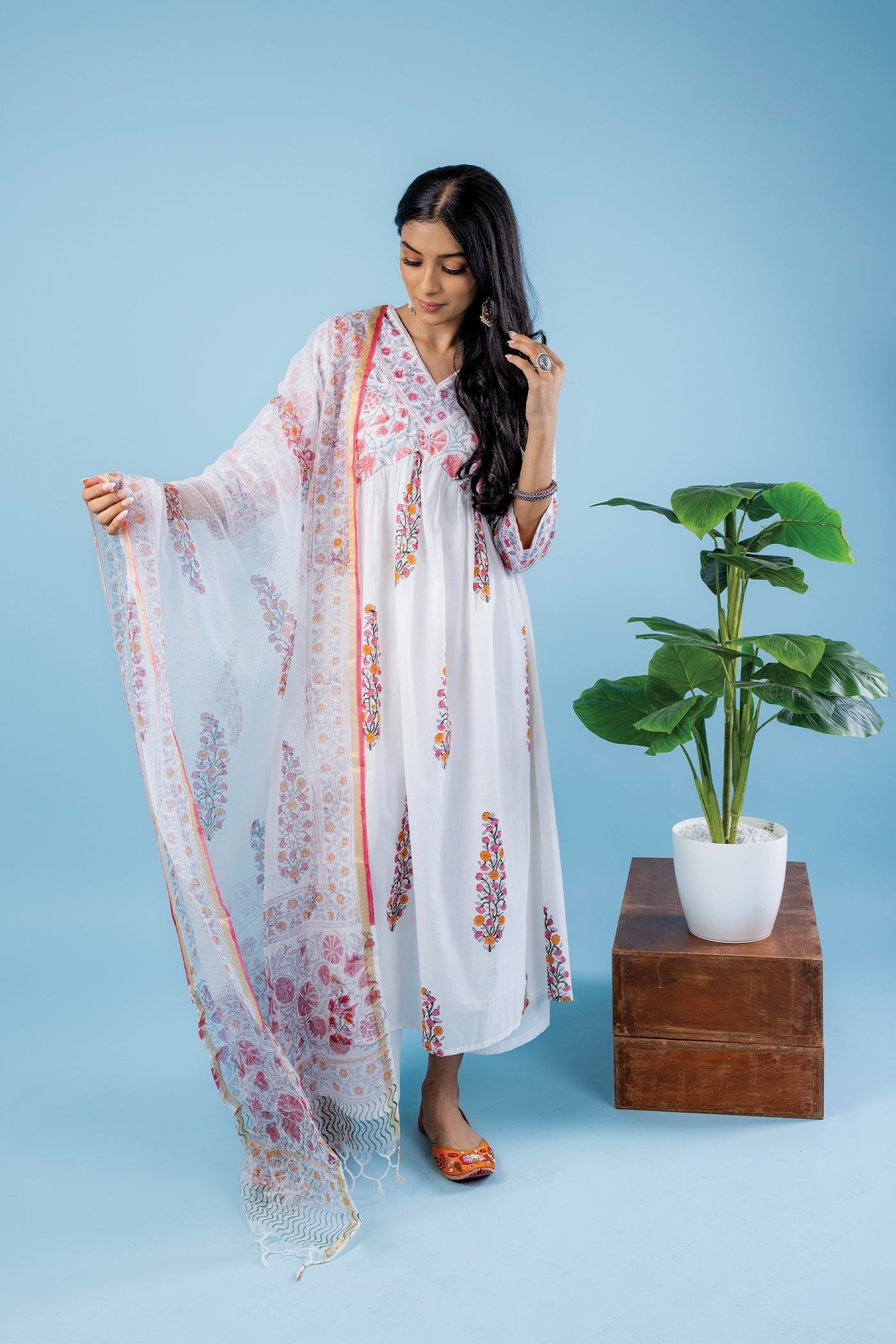 Rozana - Hand Block Print Orange and Pink Mughal Butta Cotton Anarkali Suit Set with Dupatta - Set of 3 The Royal Gramma