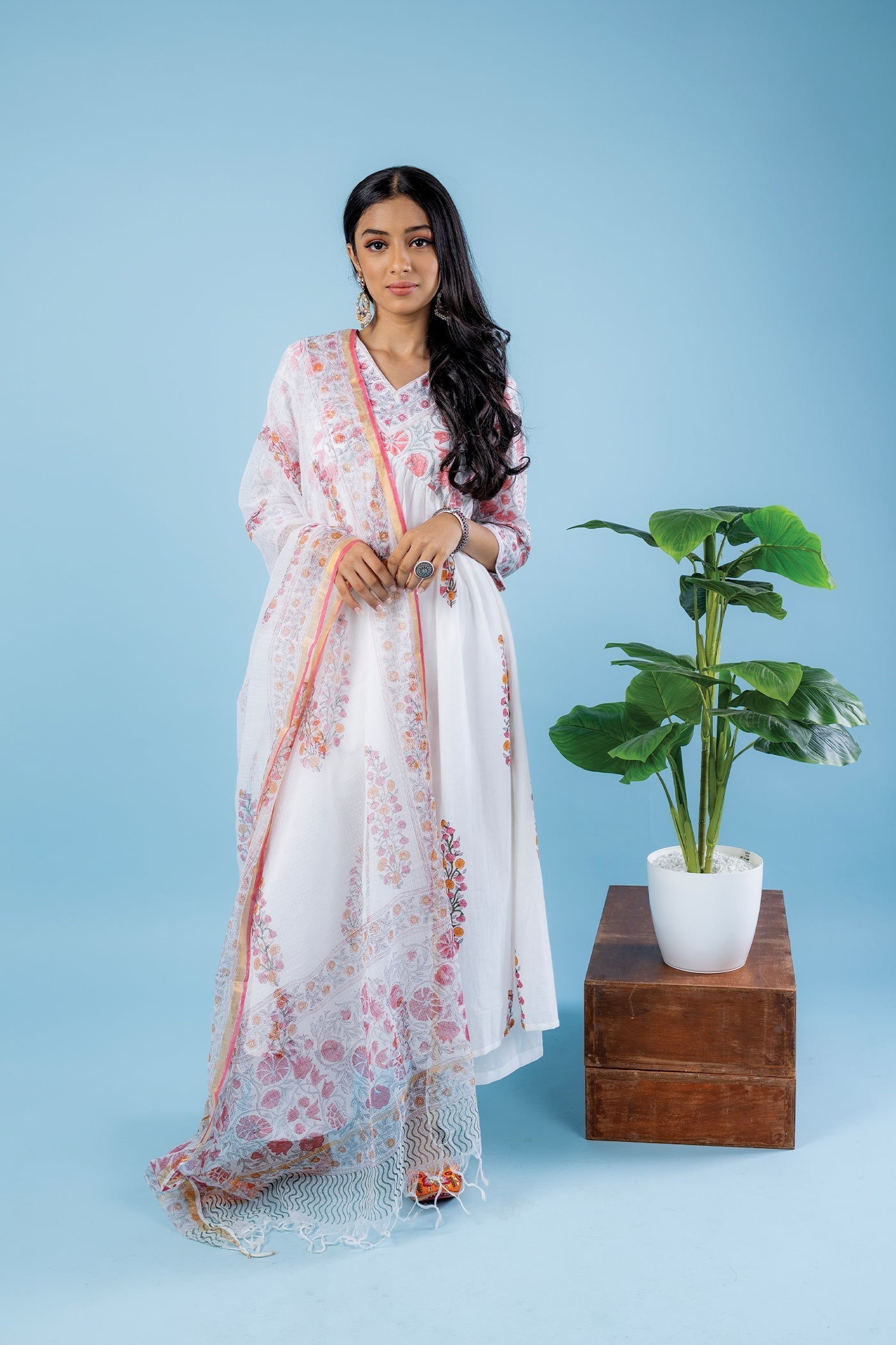 Rozana - Hand Block Print Orange and Pink Mughal Butta Cotton Anarkali Suit Set with Dupatta - Set of 3 The Royal Gramma