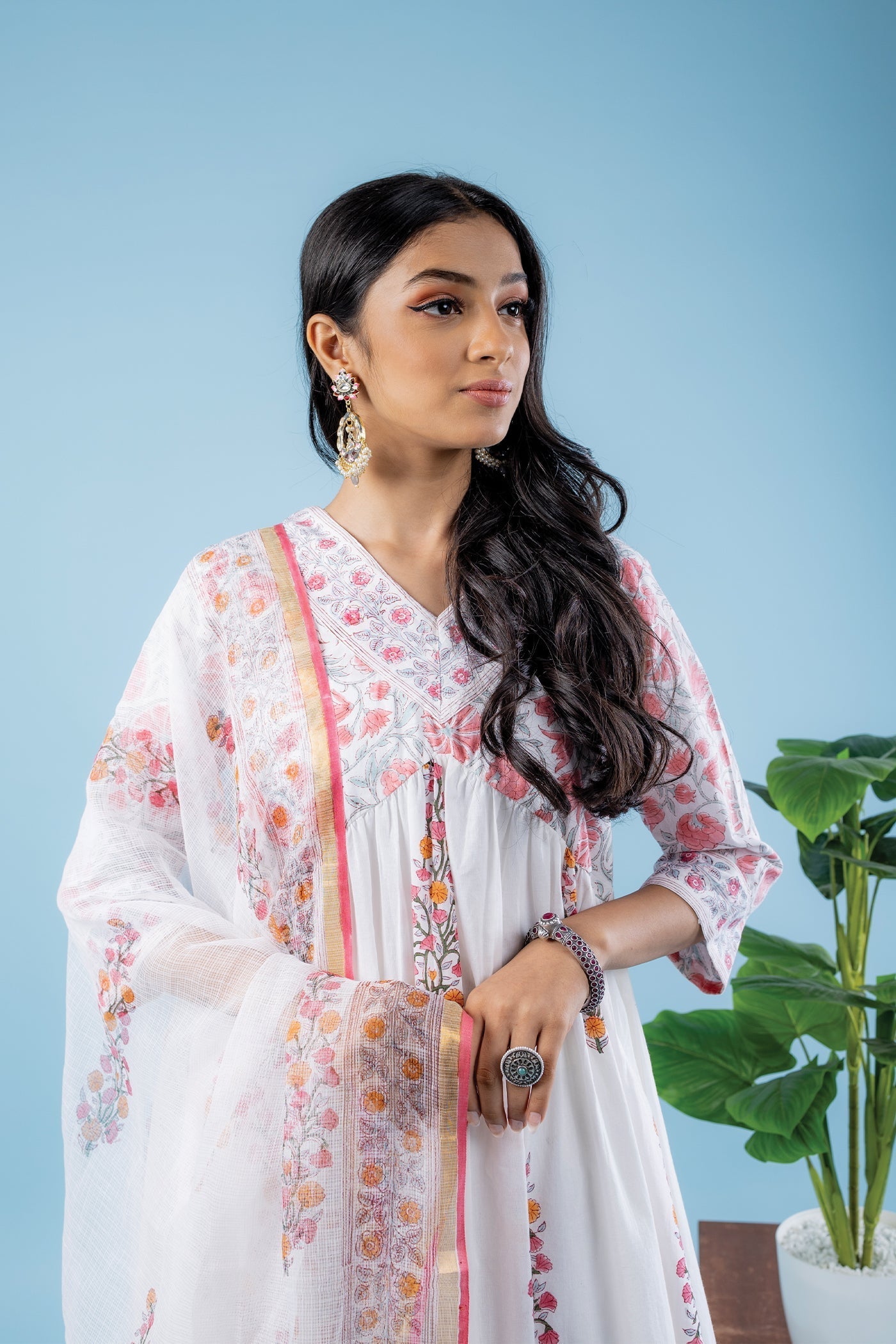 Rozana - Hand Block Print Orange and Pink Mughal Butta Cotton Anarkali Suit Set with Dupatta - Set of 3 The Royal Gramma