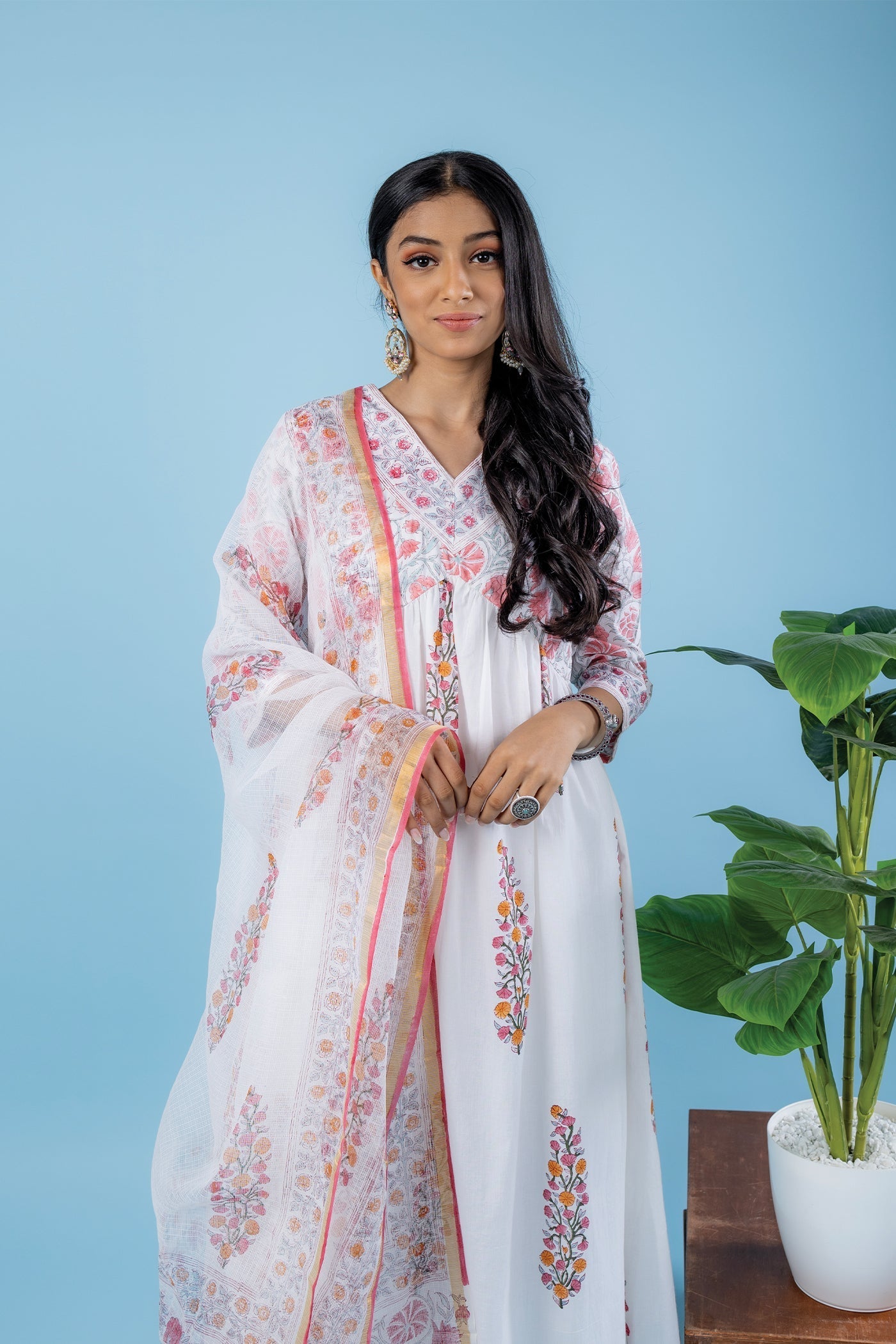 Rozana - Hand Block Print Orange and Pink Mughal Butta Cotton Anarkali Suit Set with Dupatta - Set of 3 The Royal Gramma