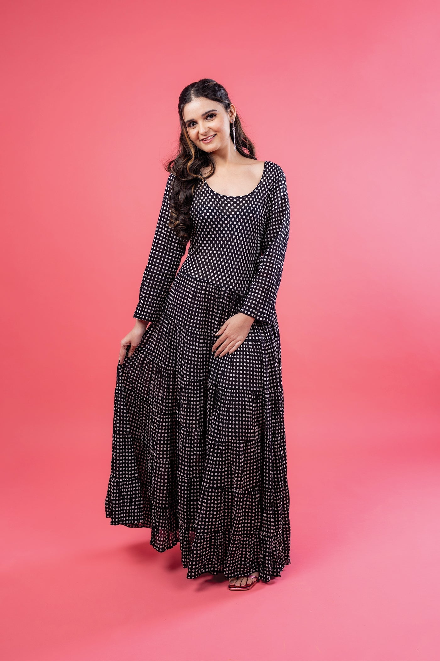 Santa Fe Dress - Hand Block Print Black Polka Dot Mulmul Flare Long Dress The Royal Gramma