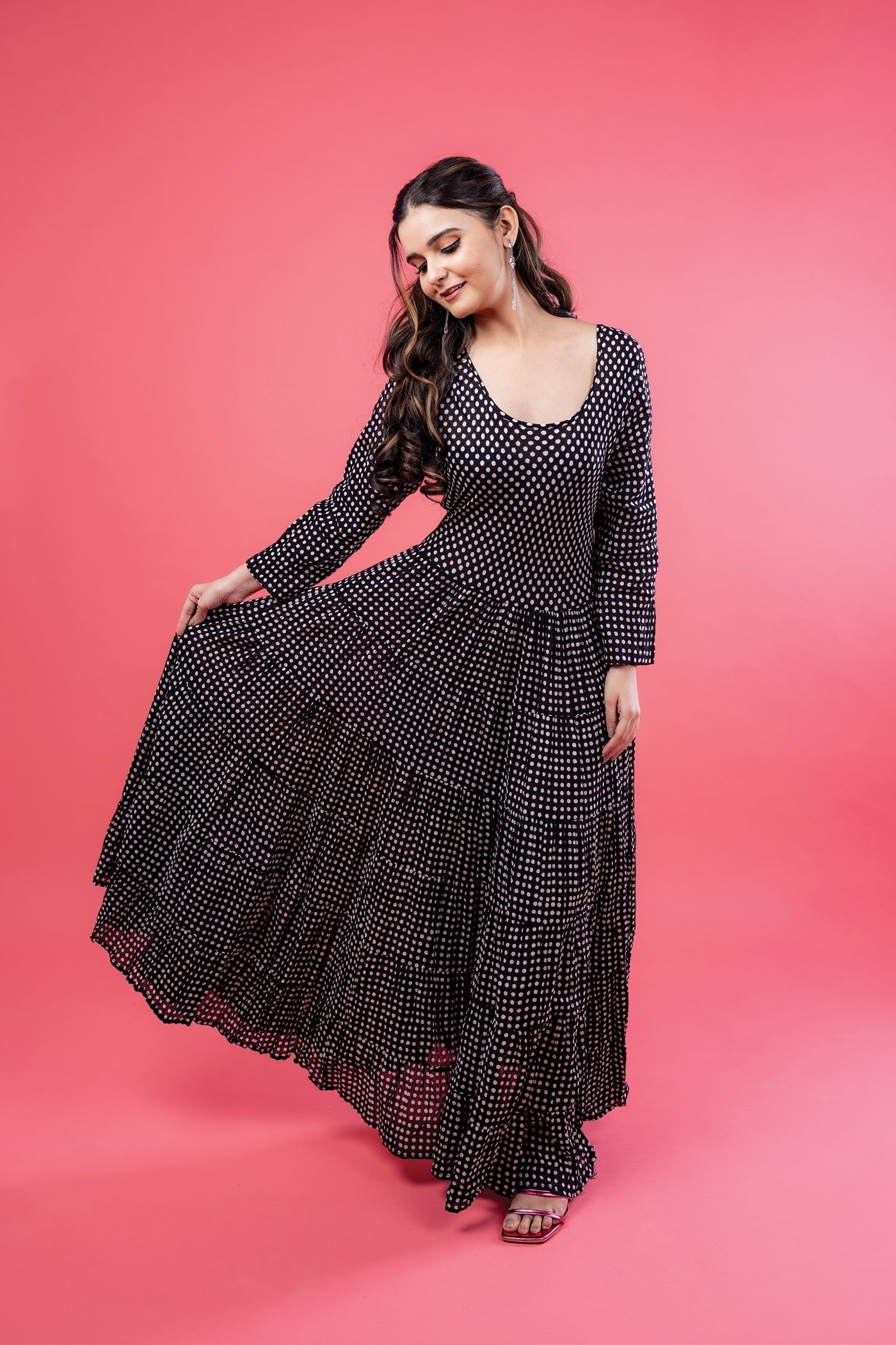 Santa Fe Dress - Hand Block Print Black Polka Dot Mulmul Flare Long Dress The Royal Gramma