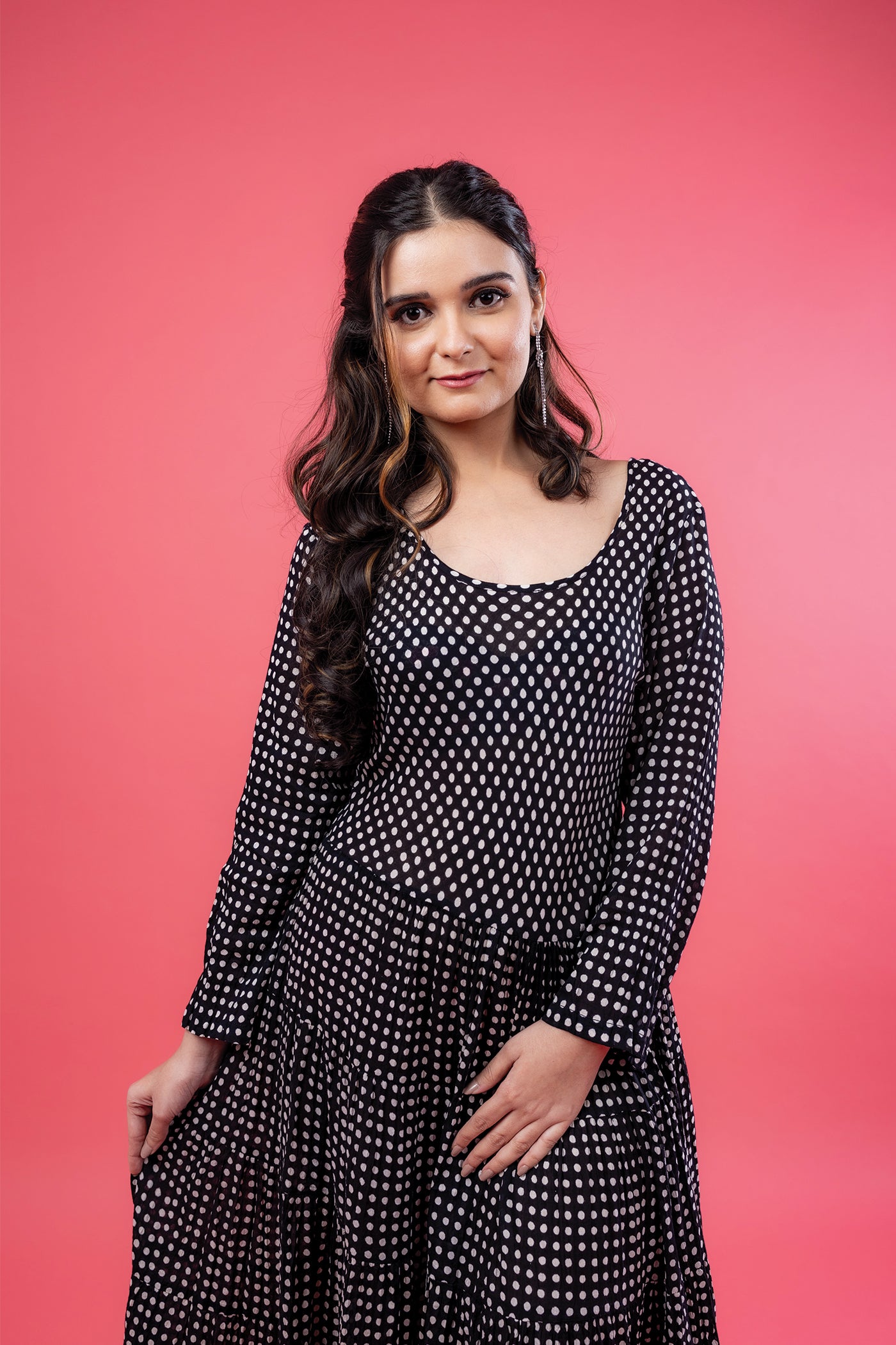 Santa Fe Dress - Hand Block Print Black Polka Dot Mulmul Flare Long Dress The Royal Gramma